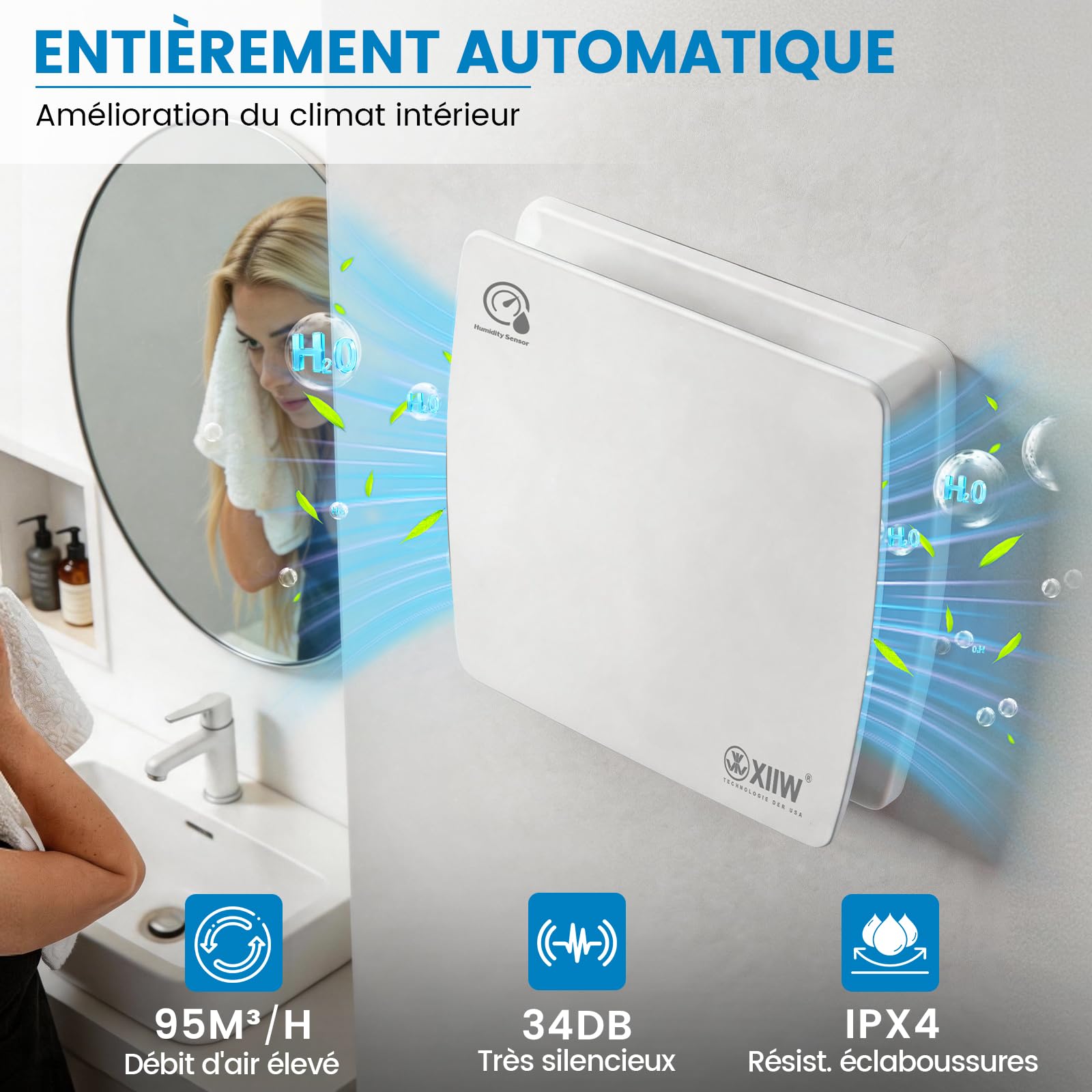 XIIW 100mm Extracteur d'Air VMC Salle de Bain Hygroréglable et Minuterie | 12W 95m³/h 34dB IPX4, Clapet Anti-Retour, Silencieux Ventilateur Salle de Bain, Cave WC et Cuisine, Mural& Plafond, Blanc