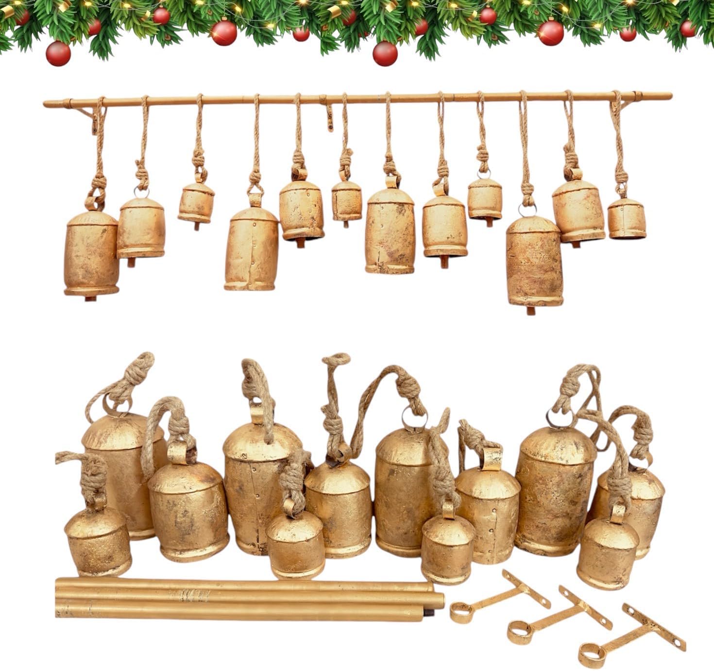 Set of Giant Vintage Rustic Tin Metal Harmony Cow Bells, Complete 12 Huge XXL Rustic Handmade Bells On Jute Rope with Rod