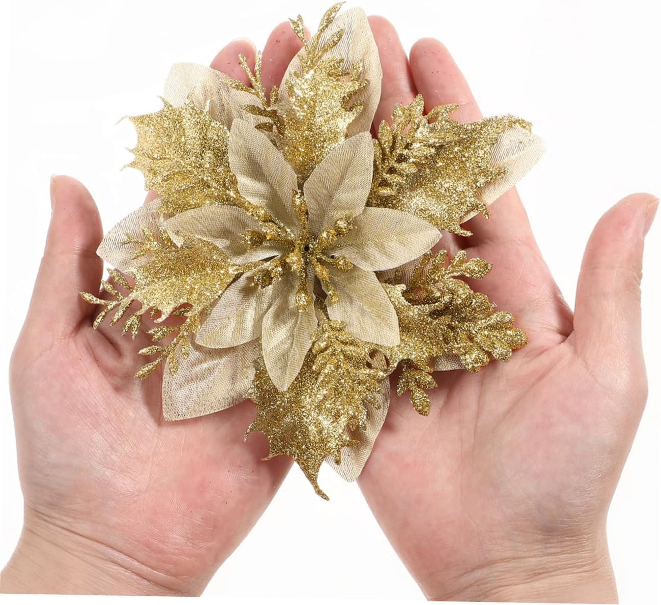 Toddmomy Christmas Glitter Poinsettia Flowers 12Pcs Gold Poinsettia Flowers Artificial Glitter Artificial Christmas for Xmas Tree Ornaments Wedding Party Wreath Decor