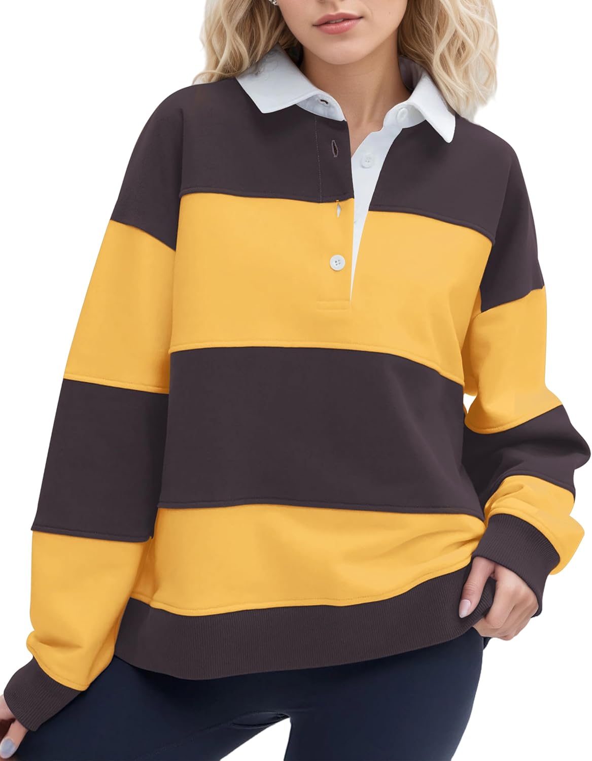 Womens Striped Color Block Polo Sweatshirt Rugby Shirt Oversized Long Sleeve Lapel Corllared Pullover Blouses