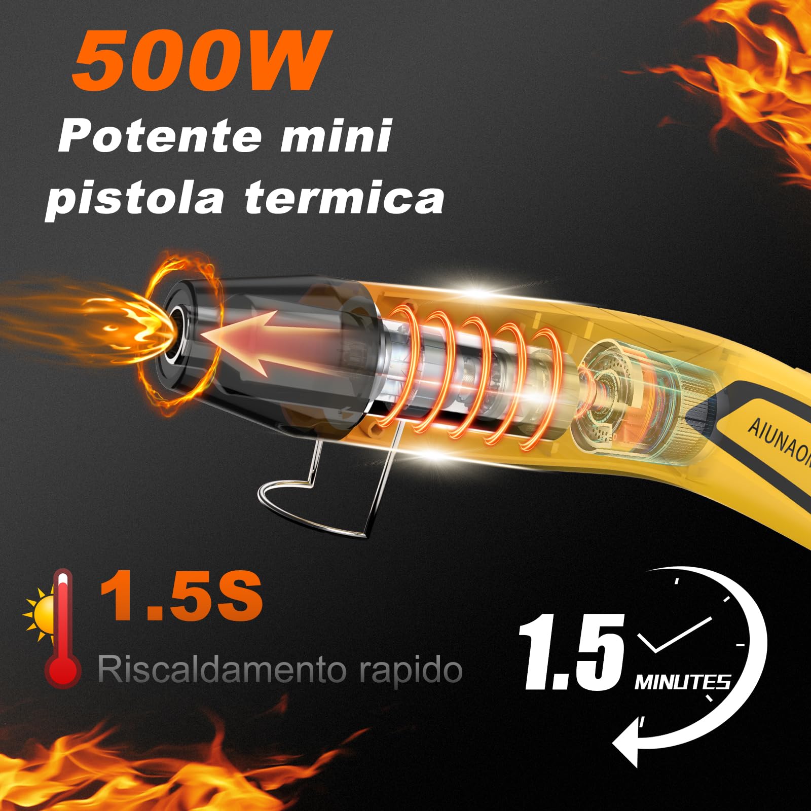 AIUNAOM Mini Pistola Termica 500W Pistola ad Aria Calda Impostazioni 2 temperature 270℃~450℃protezione da sovraccarico datto per riparazioni elettroniche, termorestringenti, asciugatura di acquerelli