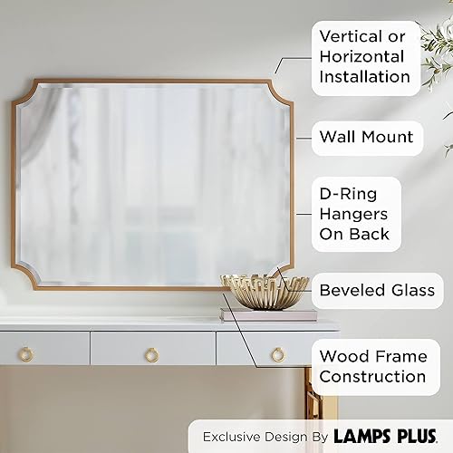 Miniatura 3 de Jacinda - Espejo de pared rectangular decorativo con borde redondeado biselado, marco de madera dorada envejecida de 30 pulgadas de ancho para baño,