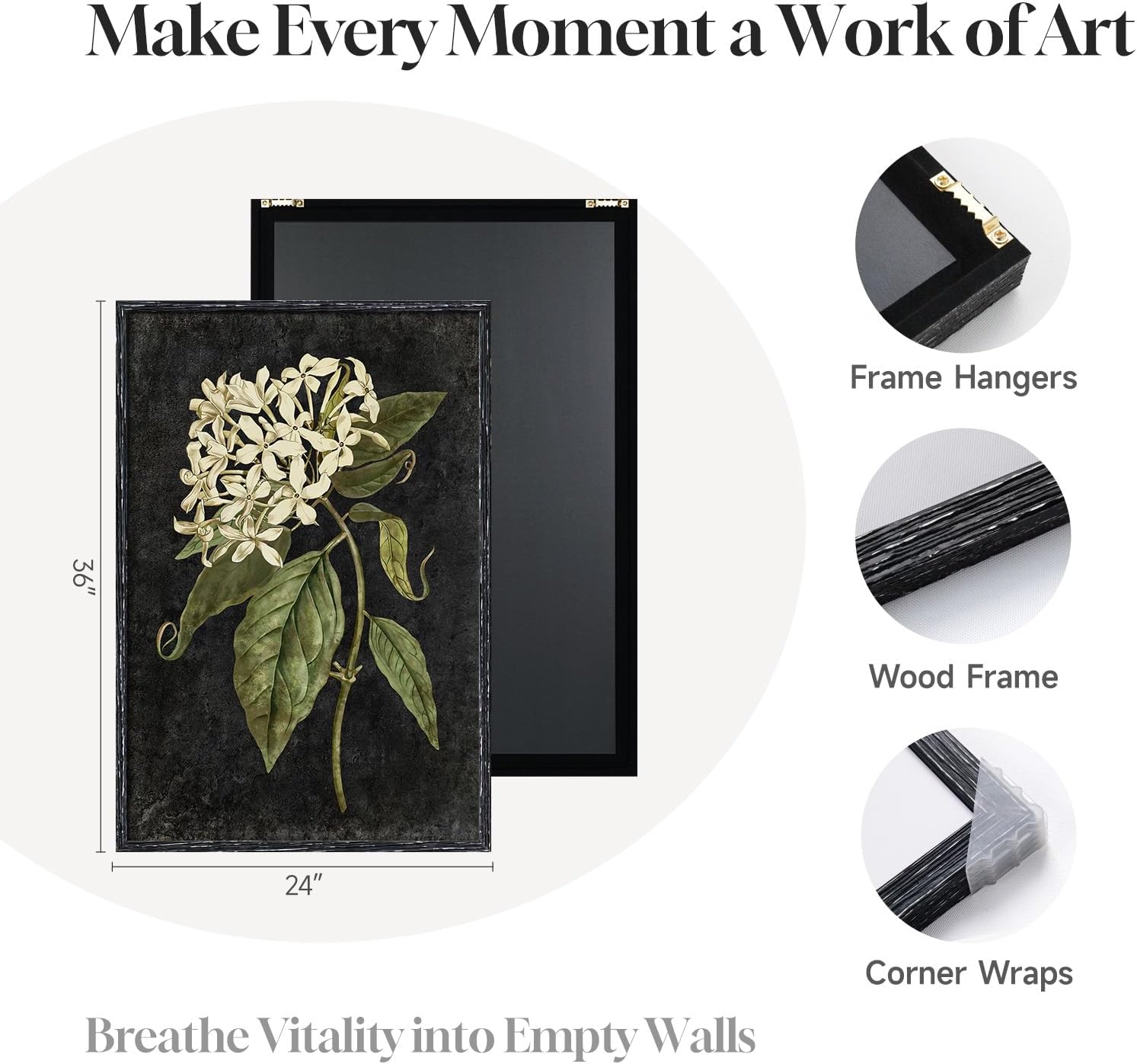 Vintage Framed Hydrangea Floral Wall Art for Living Room, 3 Piece Large Retro Botanical Canvas Print Paintings, Dark Black Classic Flower Pictures Artwork Decor for Bedroom Hallway 24x36 Inch