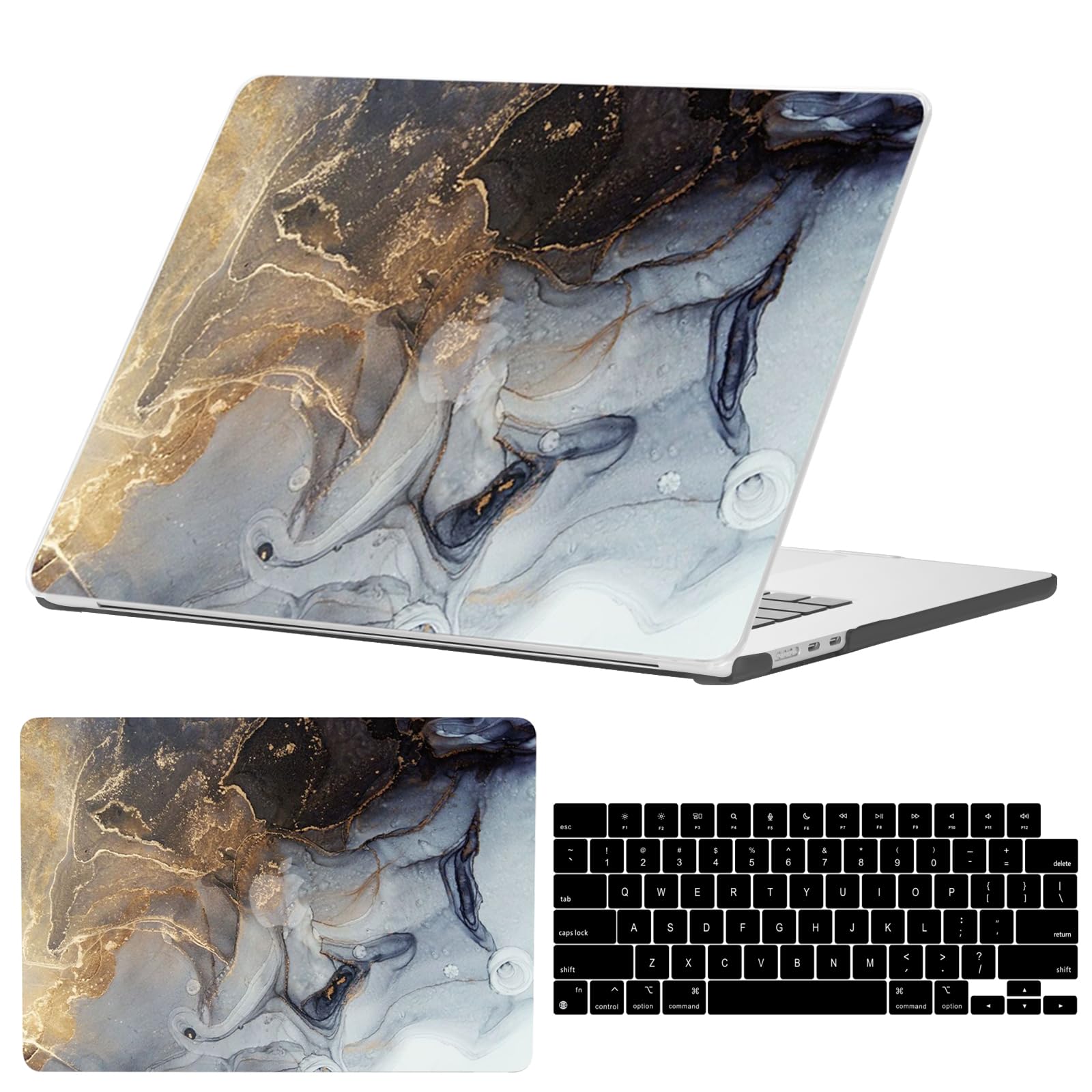 GABraden Compatible with MacBook Air 15 inch Case,2023 Release Mac Air 15.3" A2941 M2 with Retina Display & Touch ID and Keyboard Protectors,Laptop Plastic Hard Shell (Black Marble)