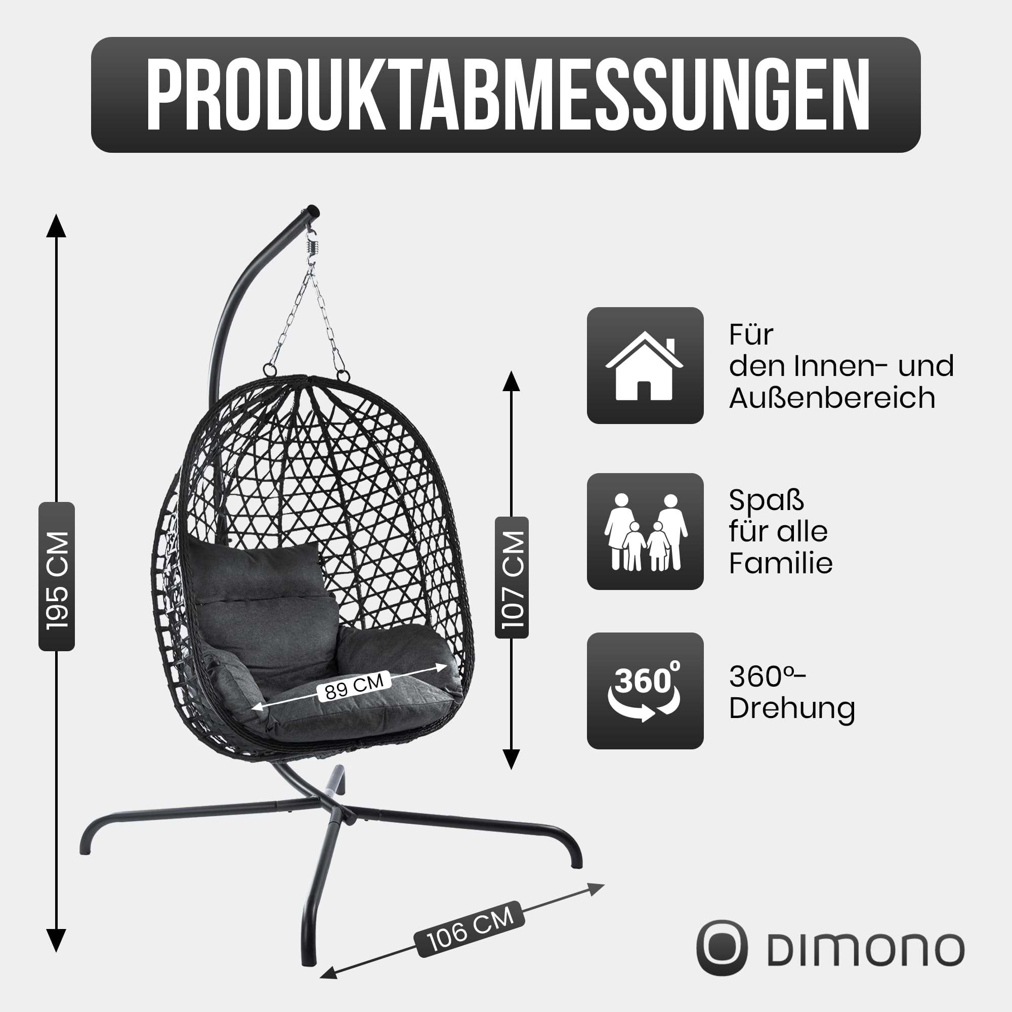Hängesessel mit Gestell; Hängekorb Sessel; Schwebeliege Rattan Outdoor & Indoor Relax-Stuhl; Egg Schaukel ideal für Garten, Terasse, Kinderzimmer, Leseecke UVM. 120kg Tragkraft (Grau)