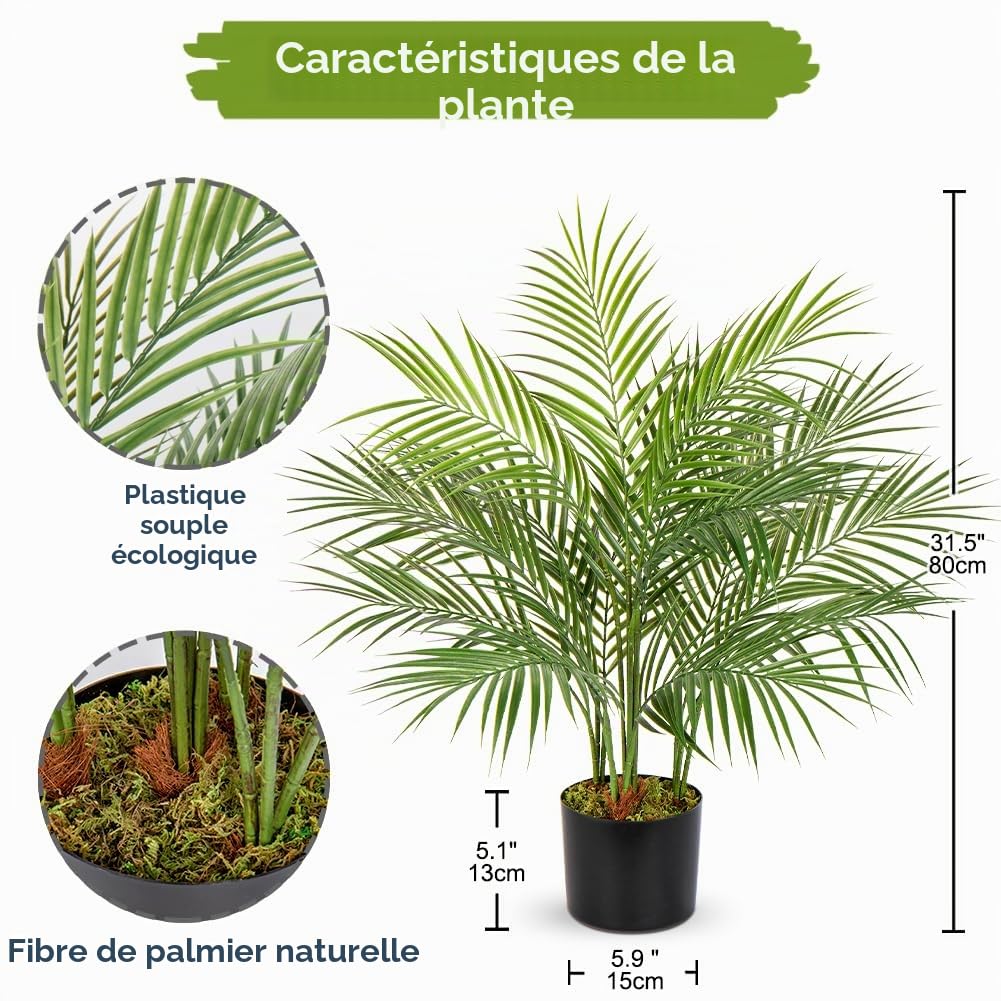 Lot de 2 Palmiers artificiels Areca de 80 cm - Faux Palmier Tropical - Dypsis Lutescens - Plantes en Pots pour Maison, Bureau, Balcon, décoration intérieure et extérieure