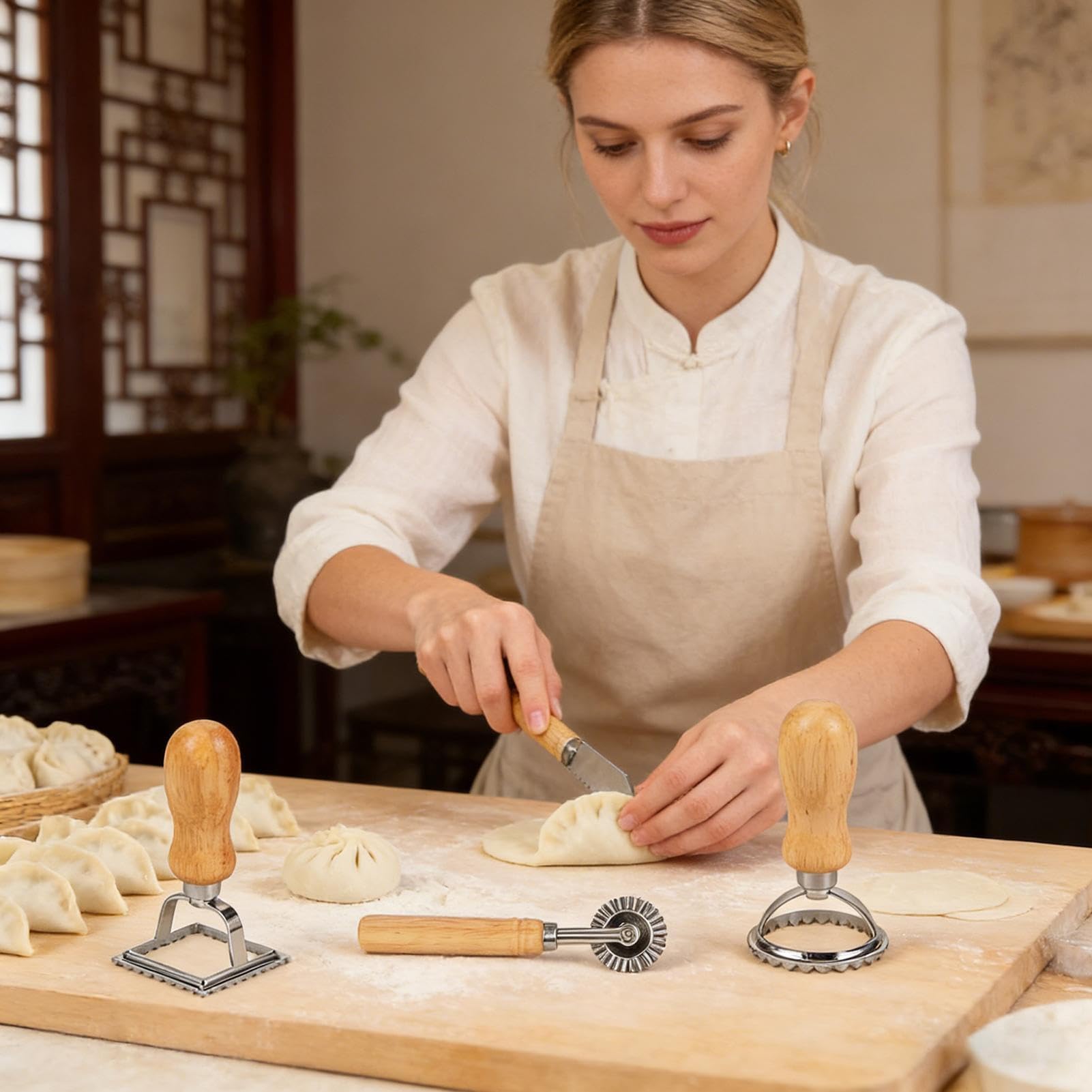 Nudelschneider 7-teiliger lebensmittelechter Handstempel aus Holz | Französische Nudelrolle Für Teig und Gebäck im Haushalt Restaurant sowie gewerbliche Lebensmittelzubereitung und Party