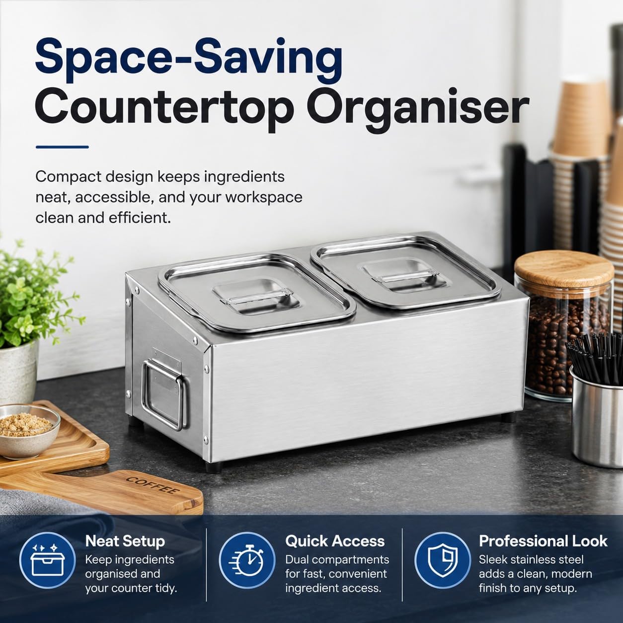 Contenitore per Ingredienti Pizza in Acciaio Inox con Coperchio – Porta Condimenti Refrigerato per Pizzeria, 2 Scomparti, Facile da Pulire