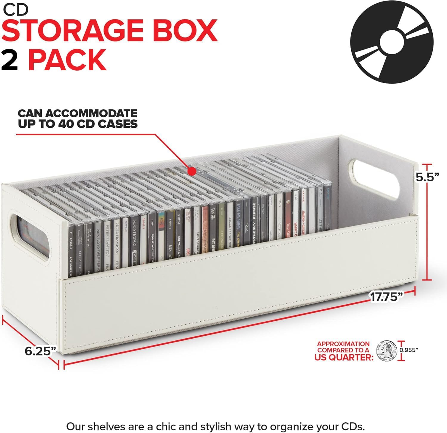 Stock Your Home 2- Pack CD Storage Box, Organizer Shelf for Movie Cases, DVDs, Cassette Tape Display Stand, Disc Holder Can Store Up to 40 CDs, Faux Leather (White with White Interior)