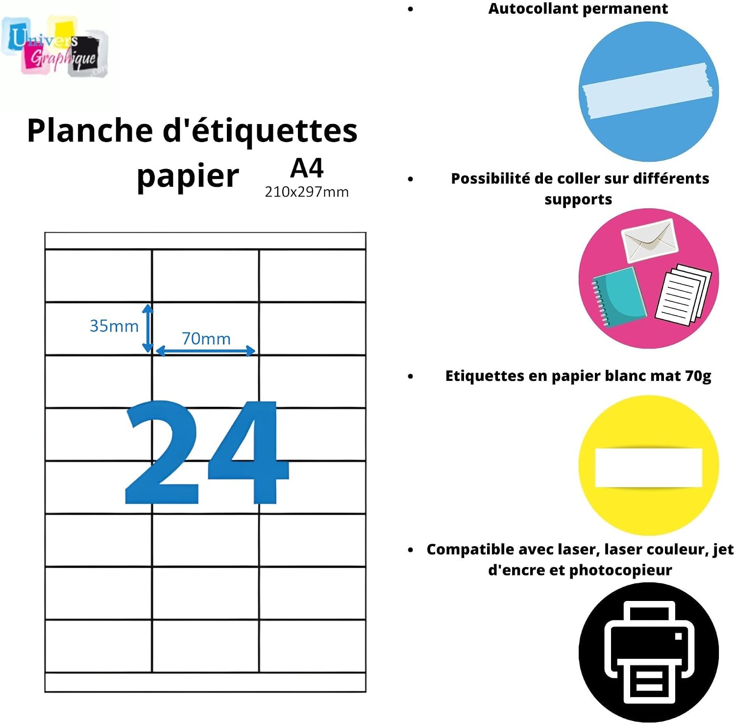 2,400 Labels 70 x 35 mm – 100 Sheets A4-24 Self-Adhesive Labels per Sheet for Inkjet and Laser Printers