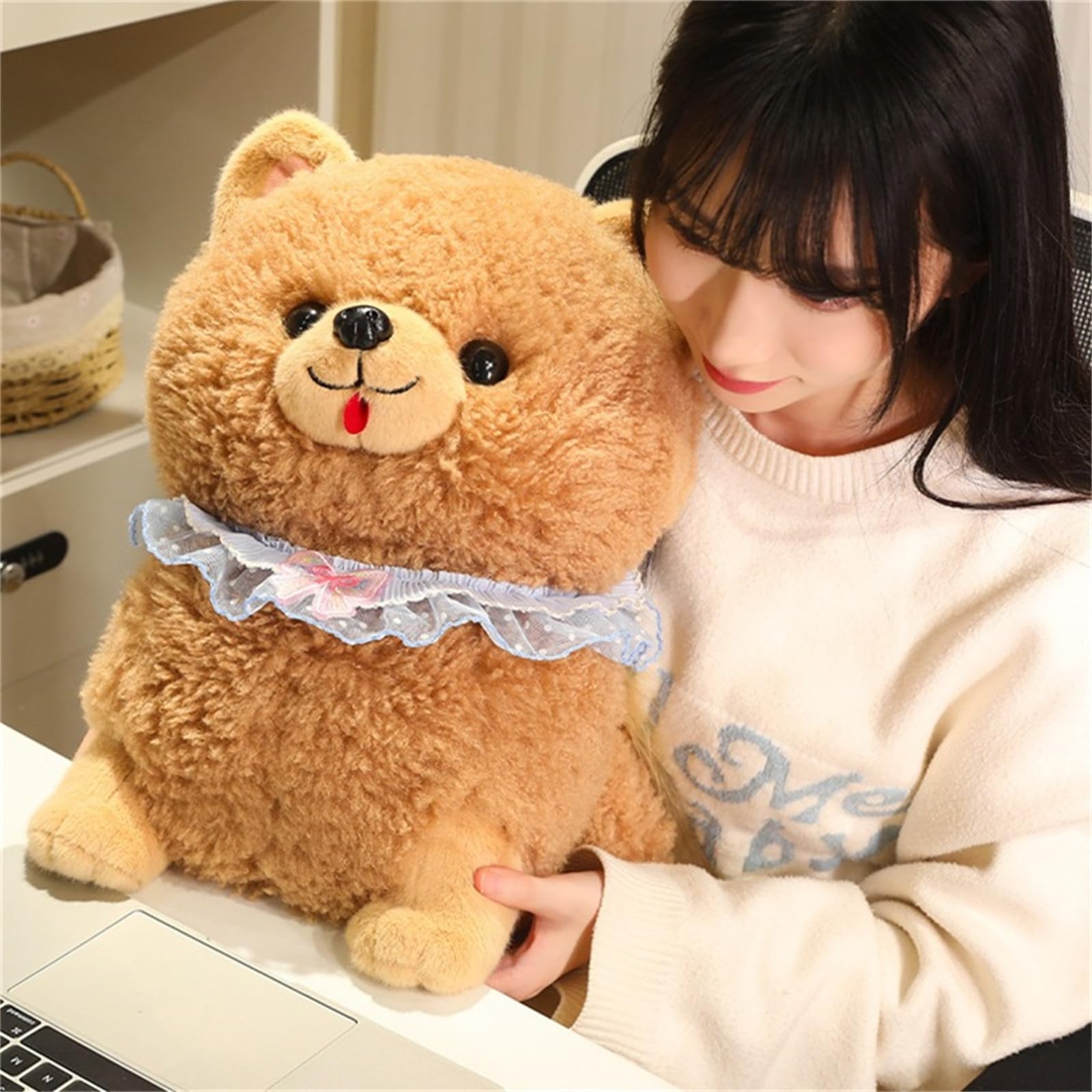 Plüschtiere, Pomeranian-Plüsch, 23 cm, süßes Welpen-Plüschtier for Kinder, weiches Pomeranian-Hunde-Plüschtier(Brown,25cm)