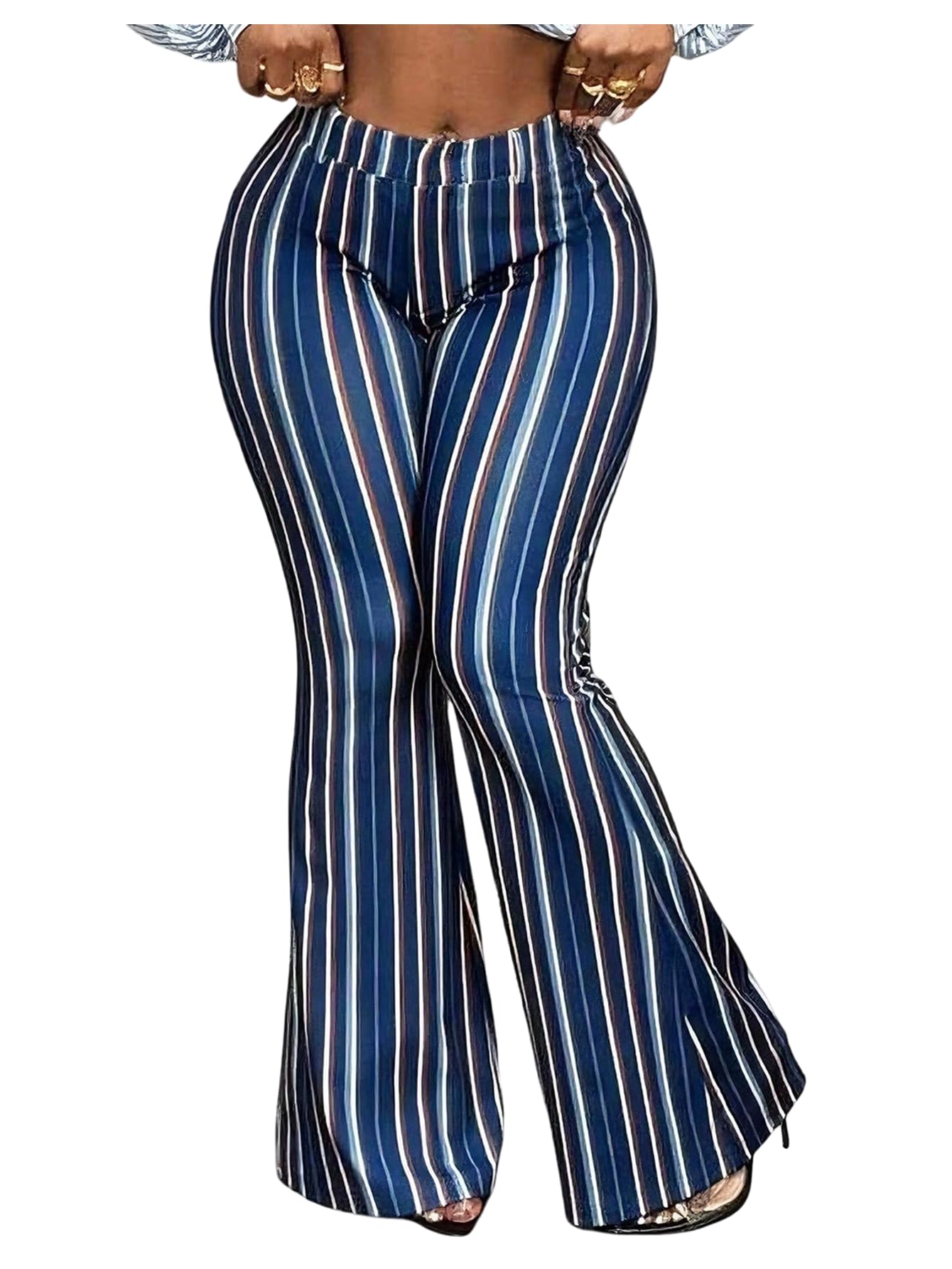 WDIRARA Womens Plus Size Striped Flare Pants Elastic Waist Bell Bottom Pants