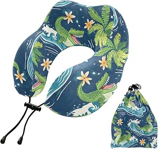 Travel Pillow for Neck Head, Cute Crocodiles Summer Beach Memory Foam Padding Sleeping Airplane Trains Cars Camping Office