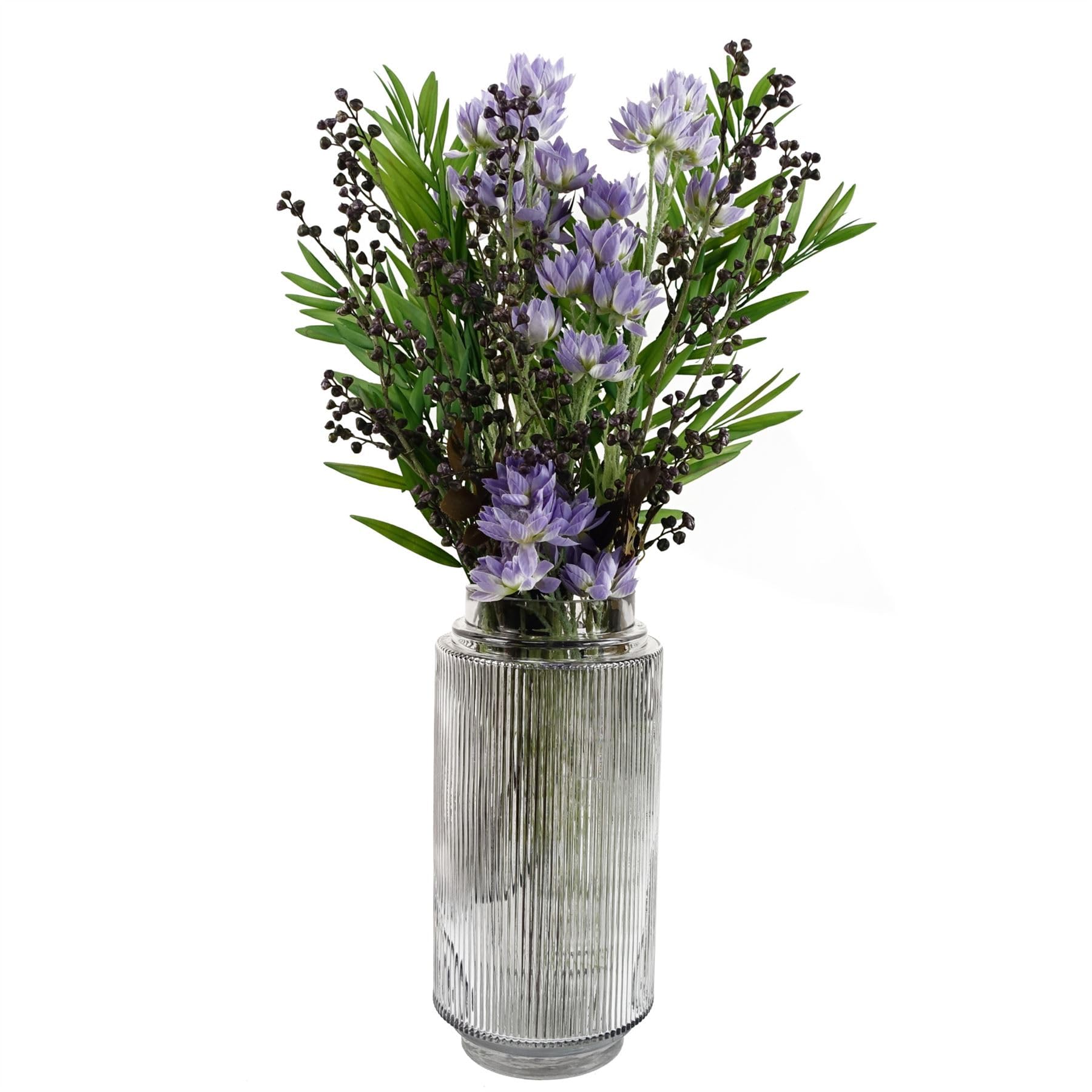 Leaf 60cm Artificial Purple Starflower Display - Silk Flowers - Glass Vase Included
