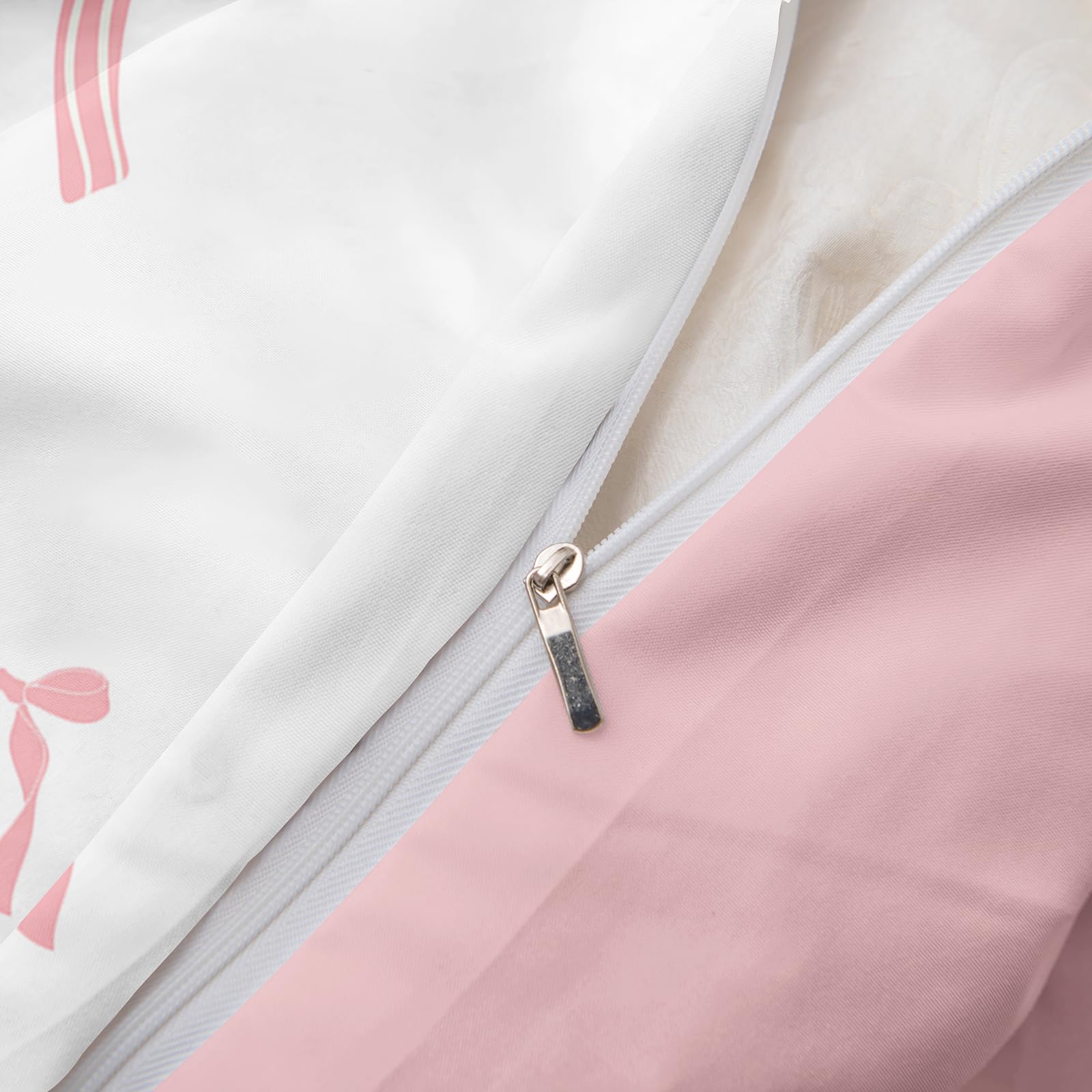 Herside Pink Stripe Bow Bedding Set Double Size 3PCS Cute White Duvet Cover Set Pink Bowknot Bedding Quilt Cover Soft Microfibre Quilt Cover All Season Bedding Set for Girls Adult - Image 4