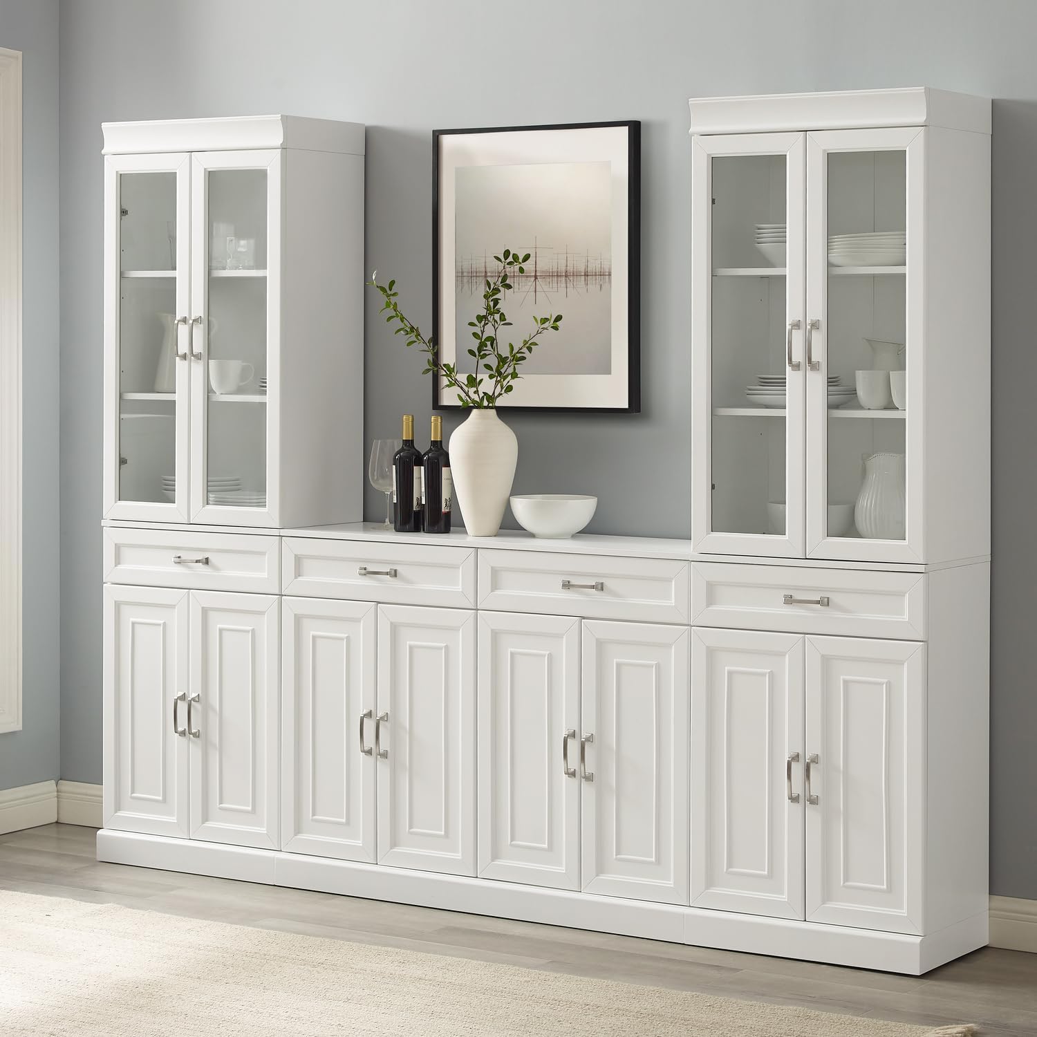 HomeStock White Sideboard & Pantry Set - 3 Piece Storage Cabinet with Glass Doors