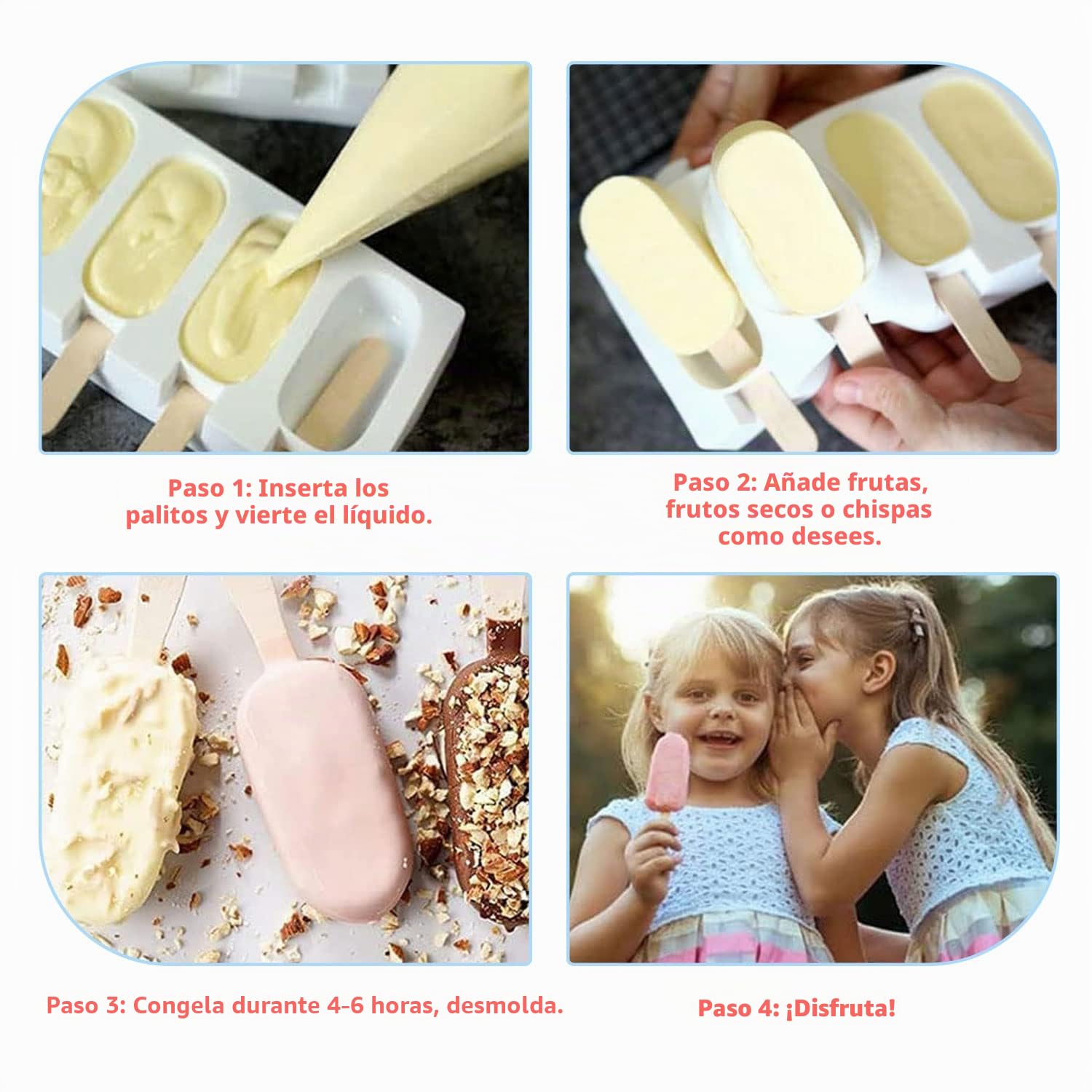 2 Piezas Molde de Helado de Silicona con 100 Palos Madera, Popsicle Moldes 4 Cavidades, de Paletas de Hielo, DIY, Chocolate Postre Congelado