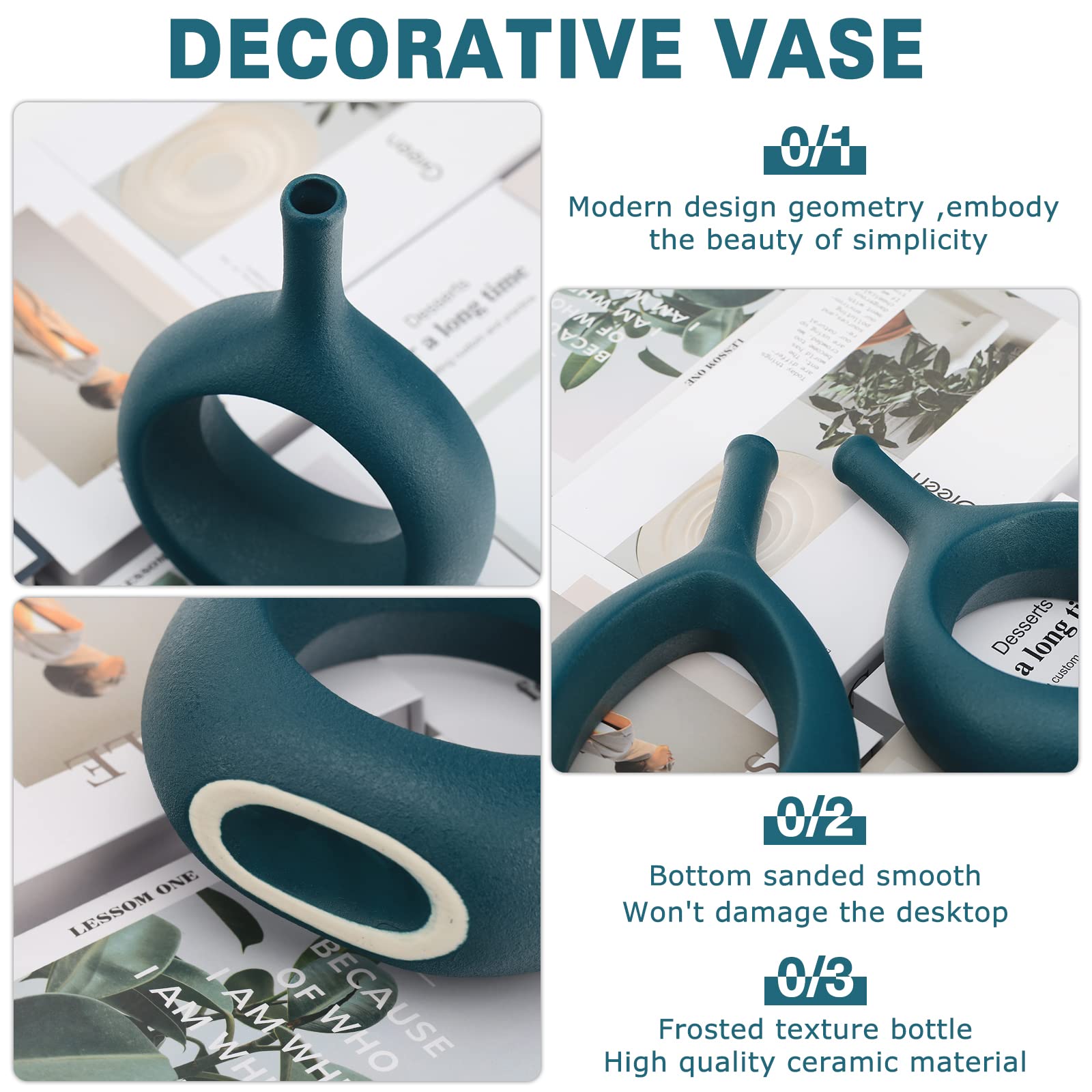 Matt Green Vase Set of 2,Green vases Home Decor Ceramic Vases,Hollow Creative Design Modern Decorative Vase for Flowers for Bookshelves, Side Table, Mantel, Fireplace, Kitchen, Living Room Decor