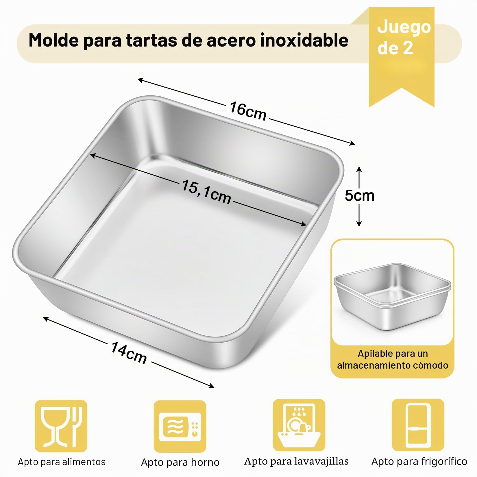 Onader - Juego de 2 moldes cuadrados de acero inoxidable para tartas, brownie, lasaña, saludables y aptos para lavavajillas, 15 x 15 x 5 cm