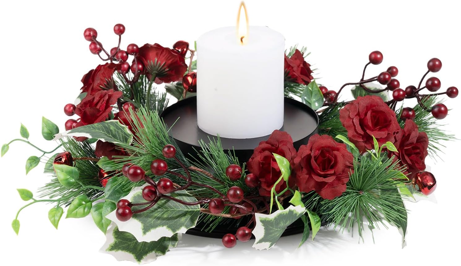 MOYEE Winter Christmas Candle Holder Centerpieces for Tables,Candle Ring, Black Metal Candlestick with an Artificial Wreath 14 in Versatile Dining Table Centrepiece (Rose Wreath)