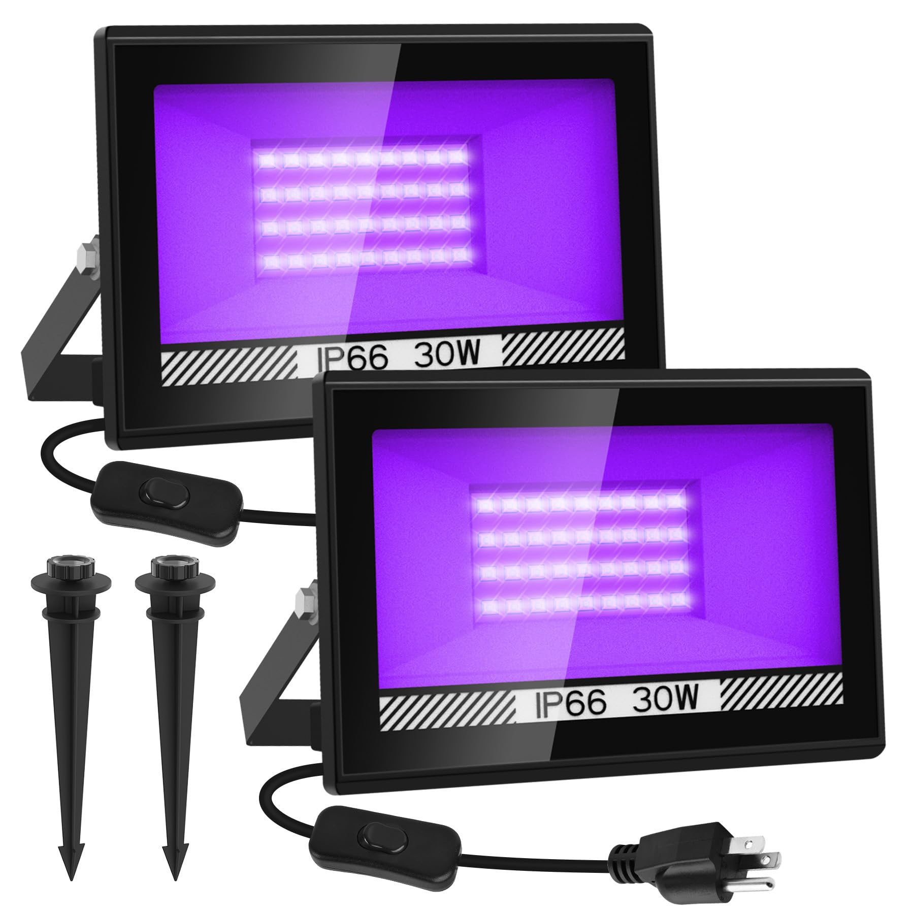 CREPOW 30W Black Lights, 2 Pack LED Blacklight Flood Light with Plug, IP66 Waterproof Black Lights for Glow Party, Glow in The Dark, Stage Lighting, Body Paint, Fluorescent Poster, Neon Glow