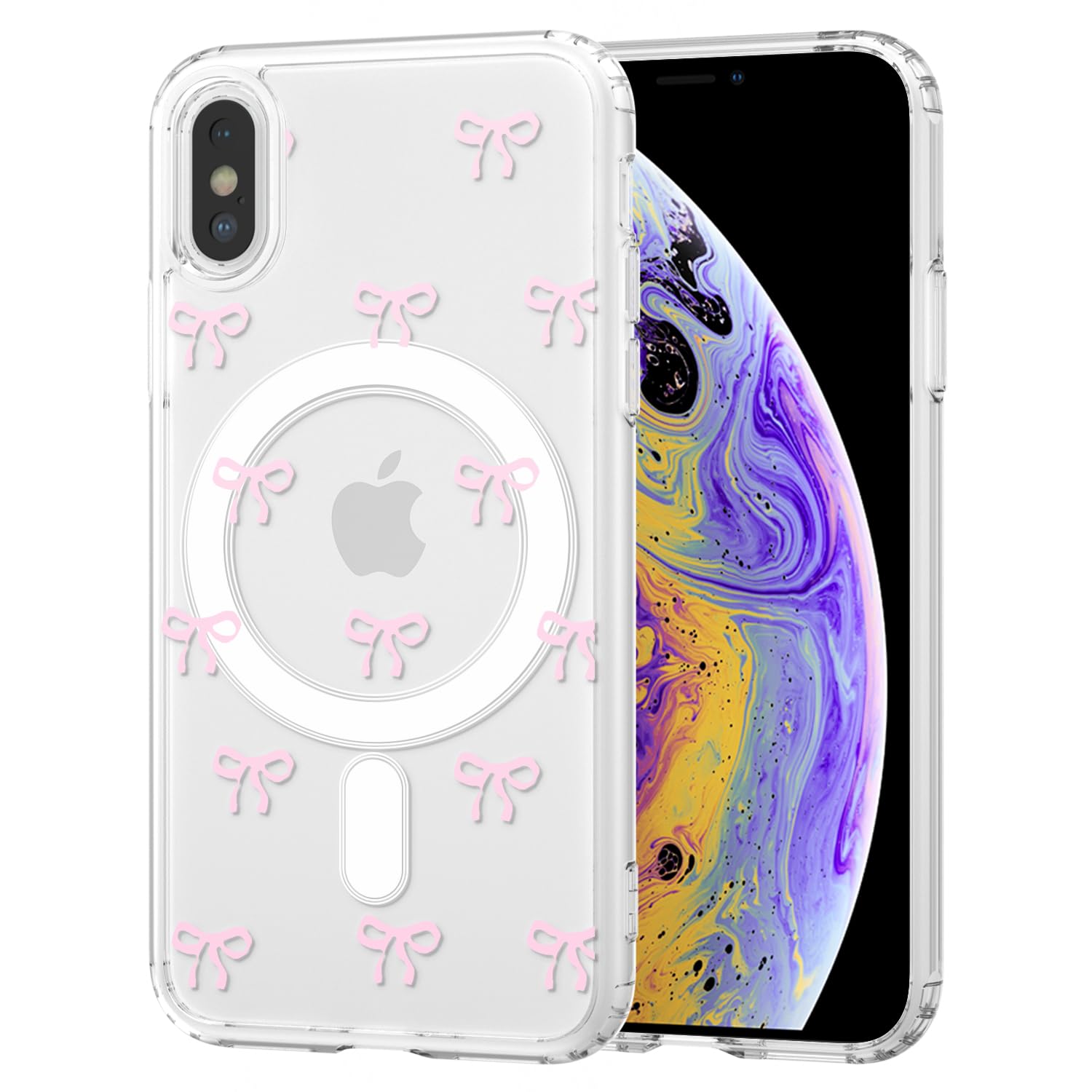 TVVTPU Magnetisch Hülle für iPhone XR Kompatibel mit MagSafe, Aesthetic Schleifen Muster Handyhülle Nie Vergilbung Dünne Transparent Hard PC Rückseite Stoßfester Kratzfest Schutzhülle Case, Rosa