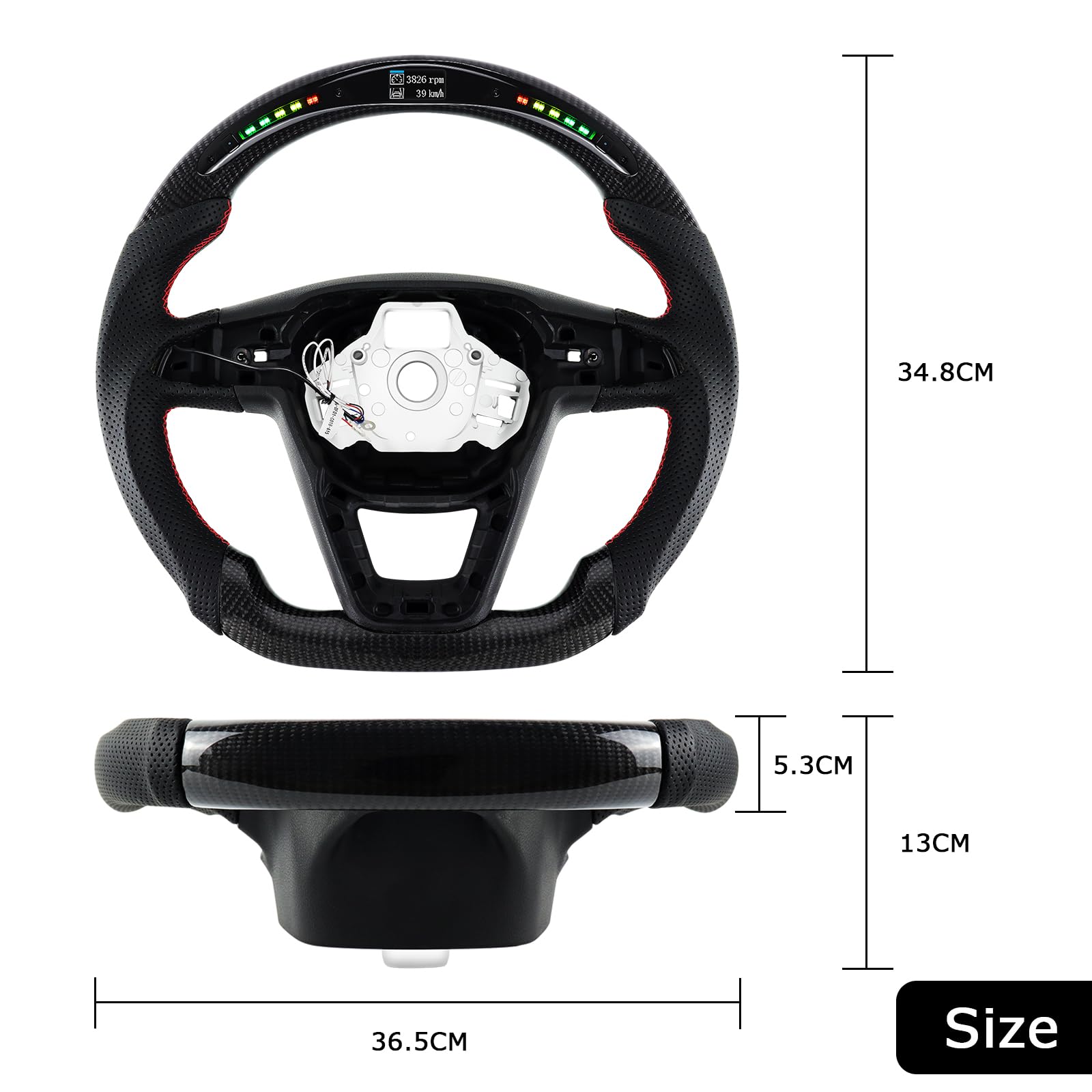 Volante de fibra de carbono, volante de cuero en forma de D, parte inferior plana, indicador de cambio LED, mango de cuero perforado para Seat Cupra Leon MK3 2013-2019