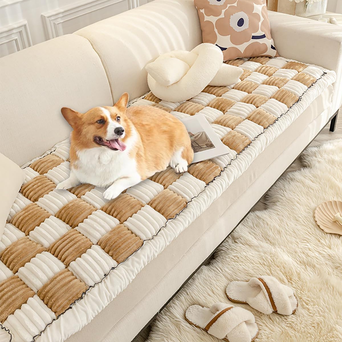 Fluffy Cream-Coloured Fuzzy Plaid Couch Cover for Pets - Large Square Pet Mat Bed & Sofa Pad - Blue, 27.6 * 59in