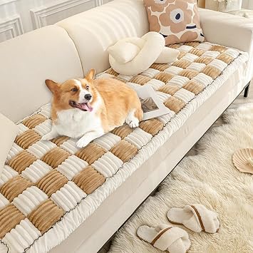Fluffy Couch Cover for Pets - Large Cream-Coloured Fuzzy Plaid Square Pet Mat Bed Couch Cover Protector - Bay Window Cushion Bedside Carpet Khaki, 27.6 * 59in