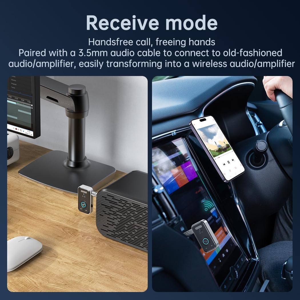 Bluetooth adapter in RX mode connected to a car stereo and a desktop speaker