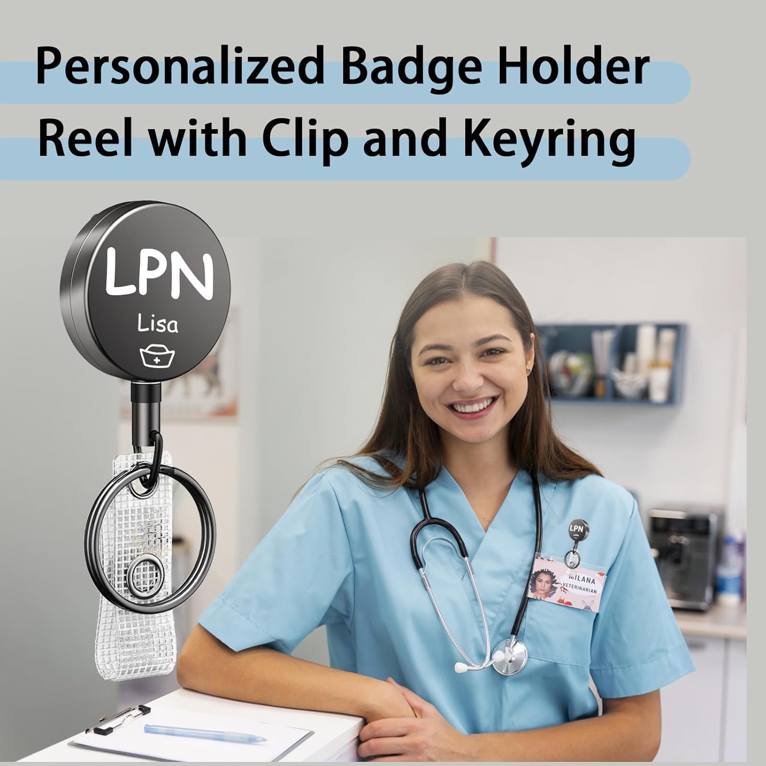 Custom RN Nurse Badge Reel Holder Retractablel with Clip and Keyring - Personalized Badge Holder Retractable with Stainless Steel Spring Coil 24 Inch Nylon Rope for RN LPN CNA MA ICU Doctor - Image 2