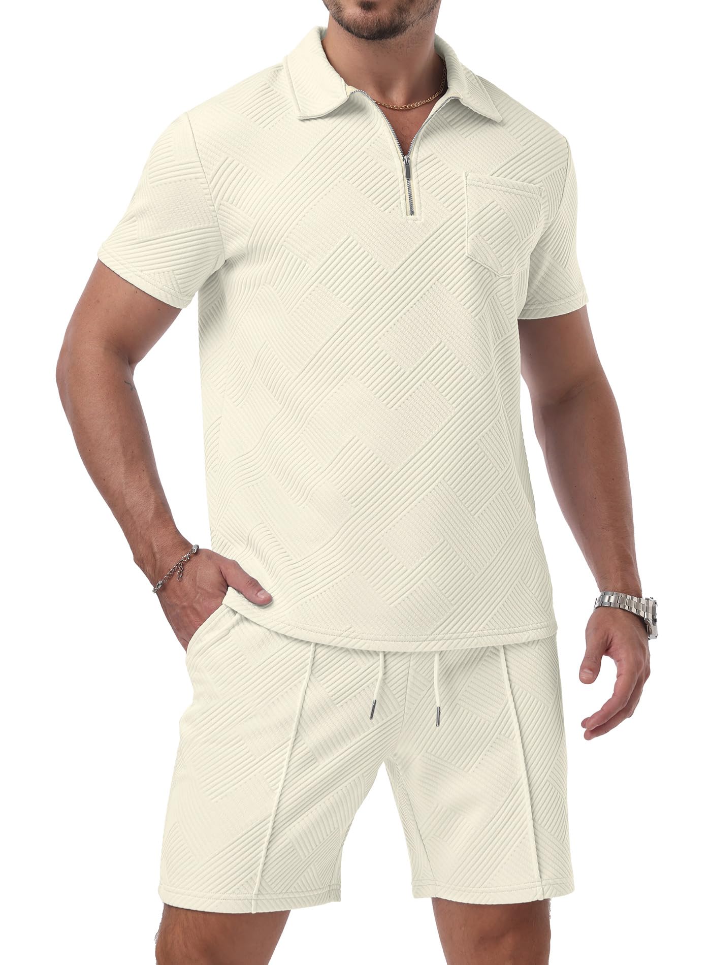 Askdeer Mens Short Sets 2 Piece Summer Track Suits Short Sleeve Sweatsuit Outfits 1/4 Zip Golf Polo Shirts Loungewear