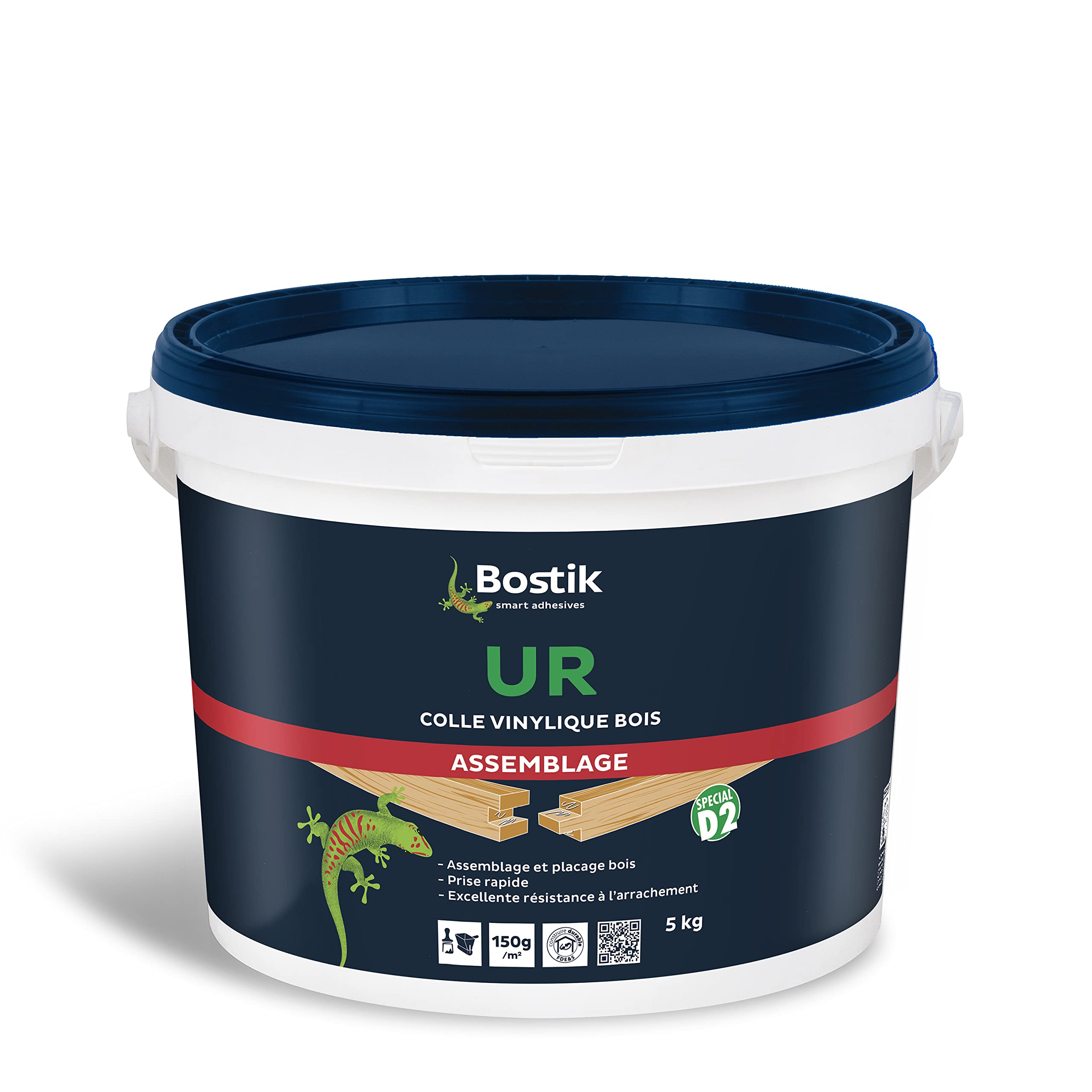 Bostik Colle à bois UR - D2, Prise ultra rapide, intérieur, résine collante blanche/translucide après séchage - Seau 5 kg
