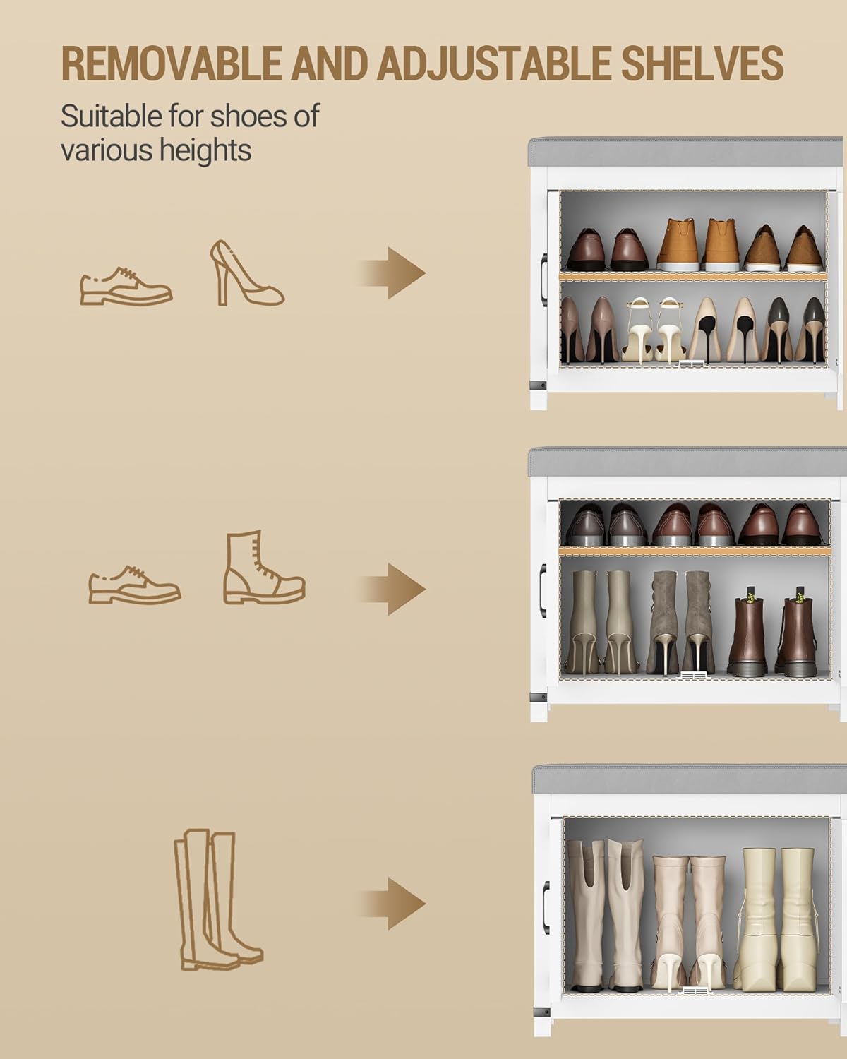 Shoe Storage Bench, 2 Tier Shoe Bench with Padded Seat Cushion & 4 Barn Doors, Entryway Bench with Adjustable Shelf, Farmhouse Shoe Cabinet for Living Room, Bedroom, White SB31203GY