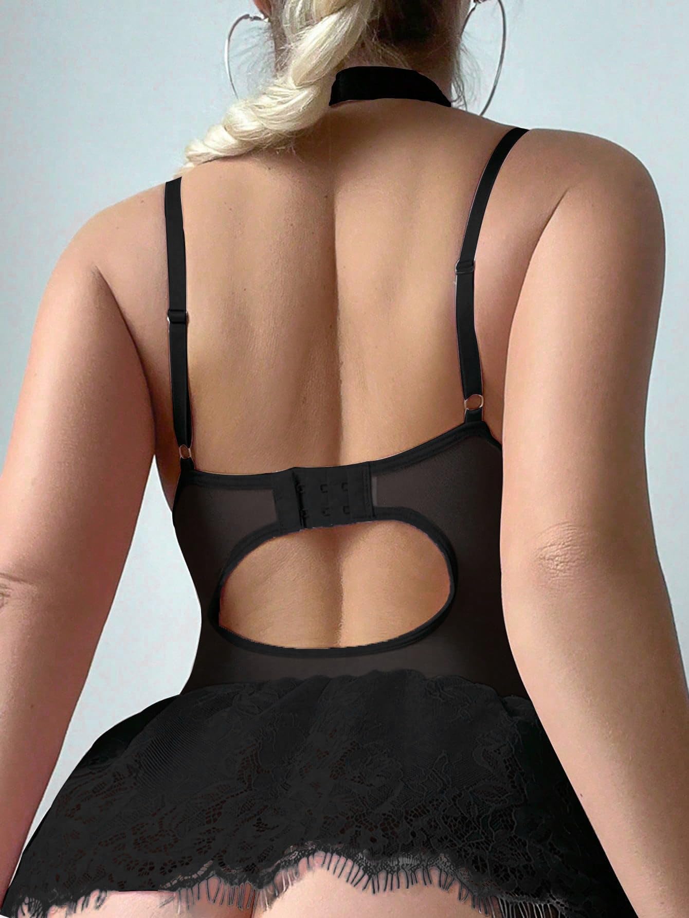Sexy outfit Seksowny gorset typu choker z fiszbinami, koronkowa przezroczysta podwiązka pończochy komplet bielizny Babydoll ze stringami 4-częściowe stroje