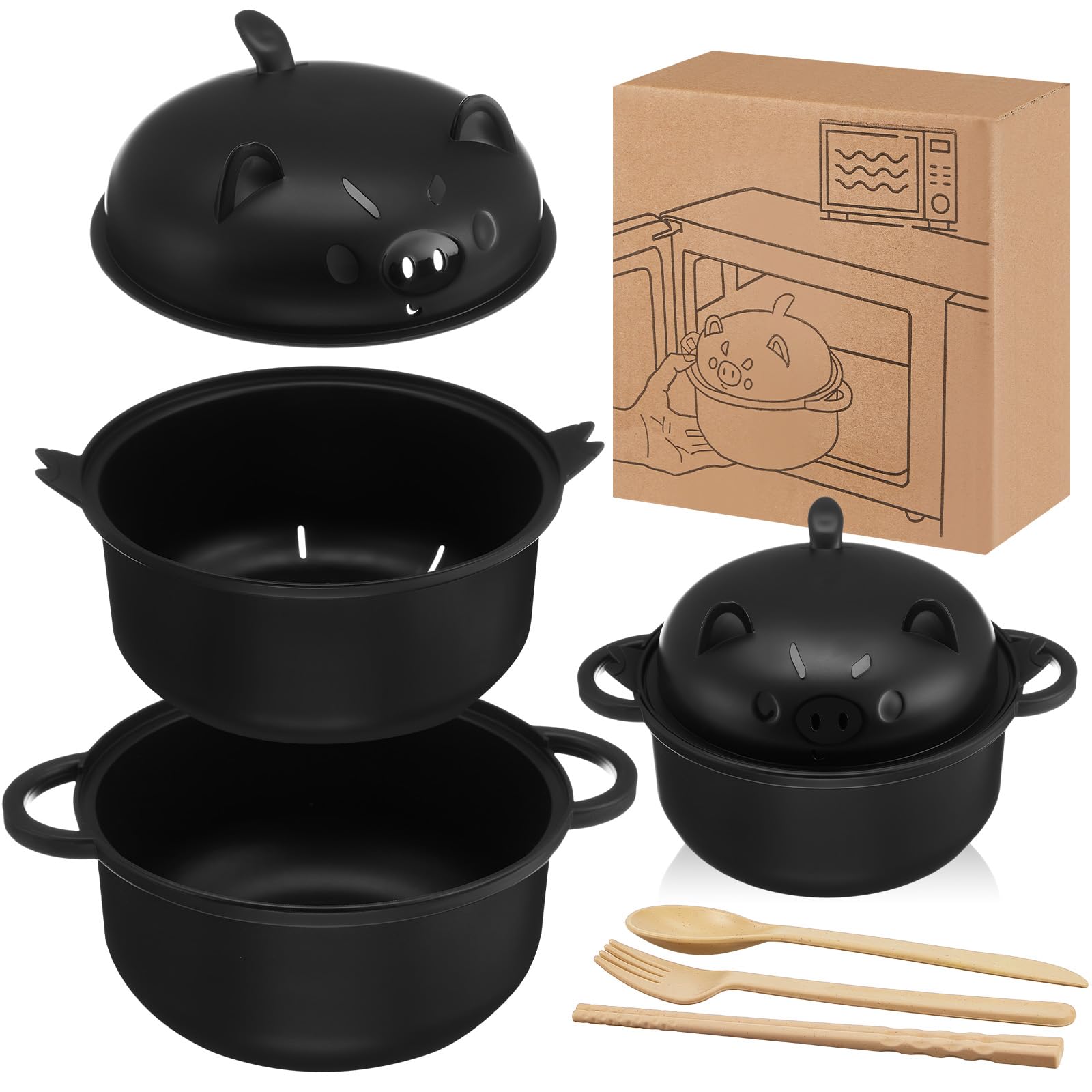 Large 45oz Cute Ramen Bowl Set Microwavable Pig Ramen Noodle Cooker Wheat Straw Bowl with Strainer Lid Handle Spoon Chopsticks Fork Gift for Home Dorm College(Black,1 Set)