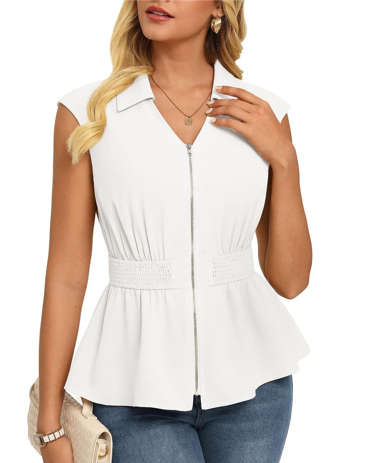 GRACE KARIN Damen Ärmelloses Bluse Elegante Kragen Reißverschluss Vorne Oberteile Taillierte Rüschen Business Casual Top