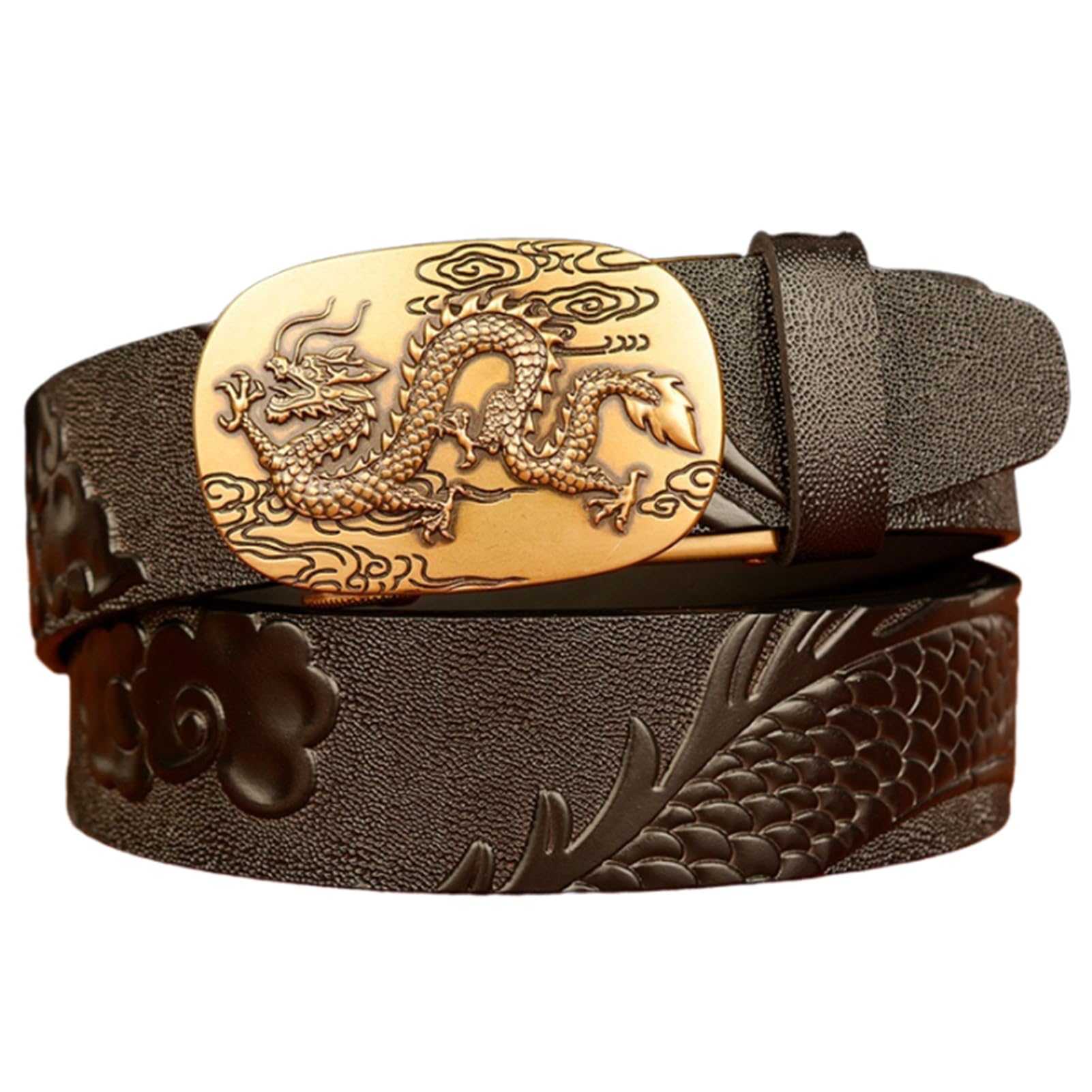 Cinturón De Vestir De Carraca para Hombre Hebilla Automática Deslizante Dragón Tallado Occidental En Relieve Cuero De Vaca De Grano Completo Correa De Grueso(120cm/47, Dragon-I)