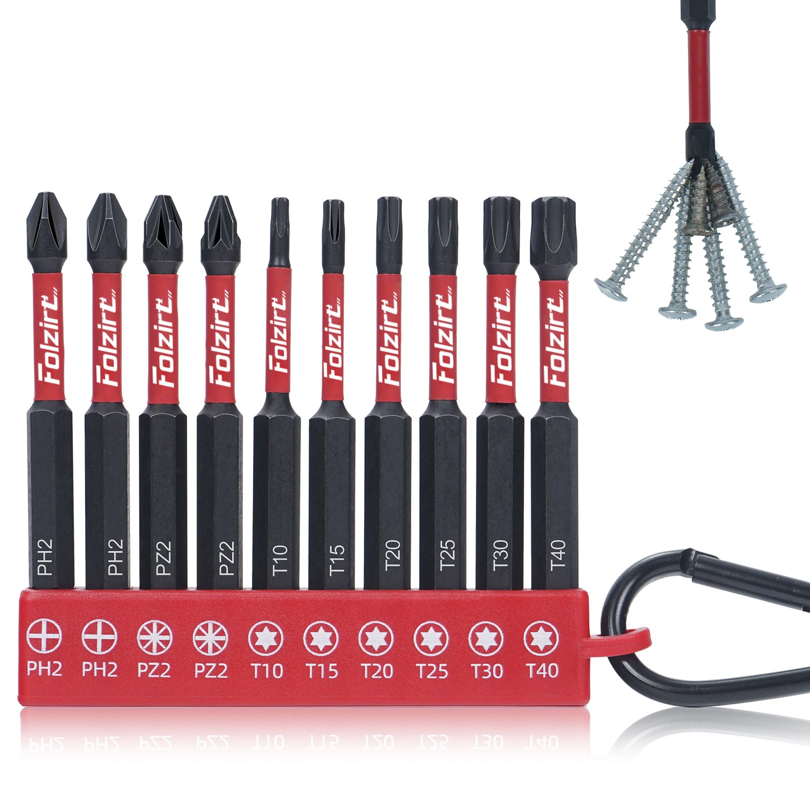 Folzirt 70mm lange magnetische PH2/PZ2/Torx S2-Stahl Bitsatz für Akkuschrauber, 10 Stück Impact Schraubendreher Bits Set, 1/4 Sechskantschaft Phosphid Schwarz Schlagschrauber Zubehör