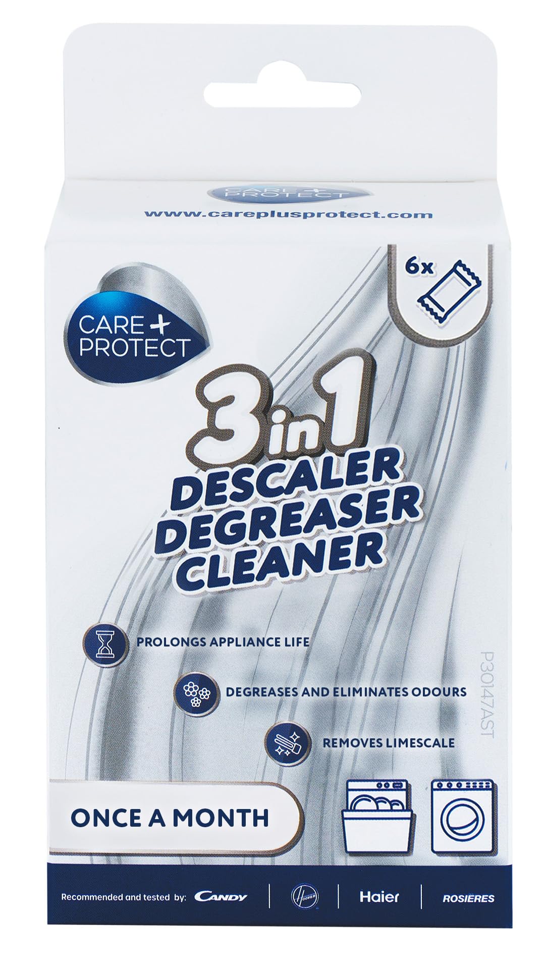 Care+Protect 3-in-1 Washing Machine and Dishwasher Cleaner - Descaler - Degreaser and Hygienizer - Removes Limescale - Residuals - and Prevents Bad Odours - 6 Sachets for 6 Months Supply