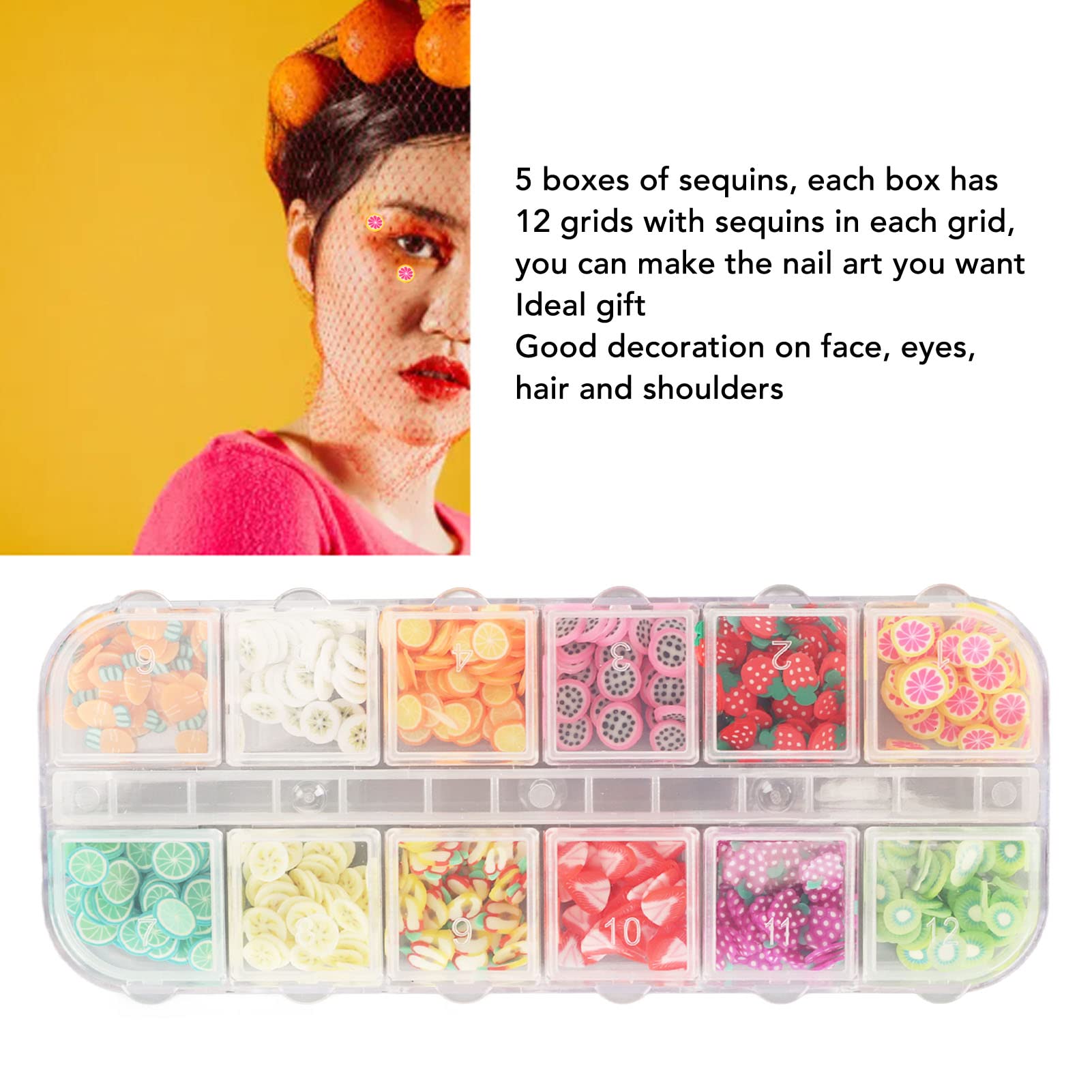 Respicefinem Rubber Fruit 13×11×4 5 Boxes Nail Art Glitter 12 Types Decorative Manicure Fruit Rubber Nail Glitter Sequin for DIY