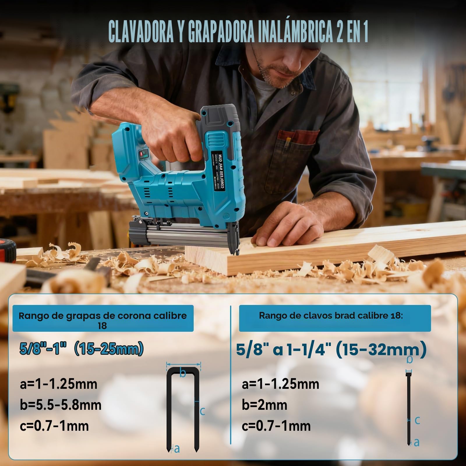 Clavadora inalámbrica compatible con batería Makita de 18 V, pistola de clavos eléctrica 2 en 1 mejorada para mejorar el hogar, carpintería, con 1000 clavos y 1000 grapas