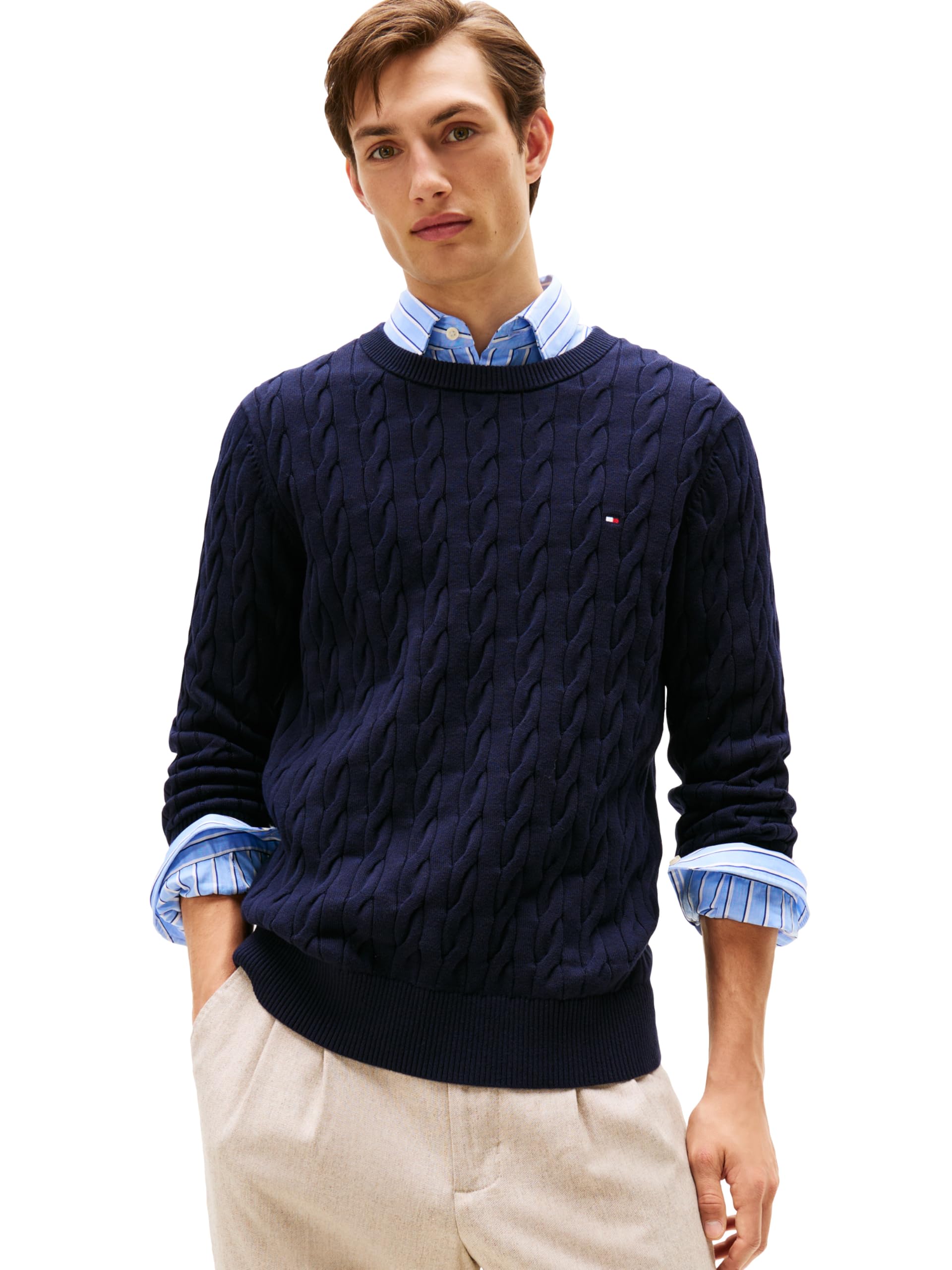 Tommy Hilfiger Men's Cable Knit Crewneck Sweater Lightweight Pullover, Desert Sky, XXL