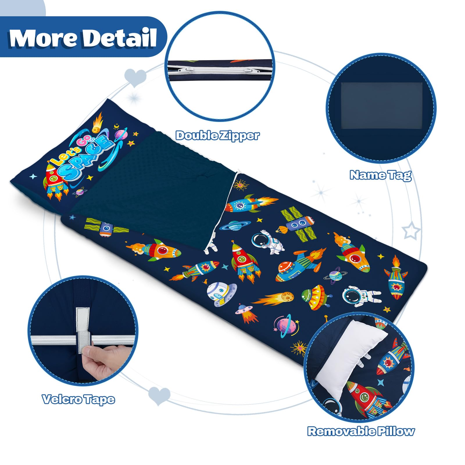Saco de Dormir para Niños con Almohada, Tapete de Siesta para Niños y Niñas, Cálido Saco de Dormir de 150 x 60 cm, Tapete de Dormir Enrollable con Doble Cremallera
