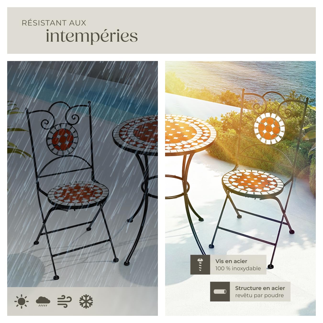 tectake® Ensemble Table et Chaises en Mosaïque Table de Bistrot Bar Salon de Jardin Exterieur, Structure en Acier lâqué époxy, Mobilier de Jardin Amenagement Balcon Terrasse