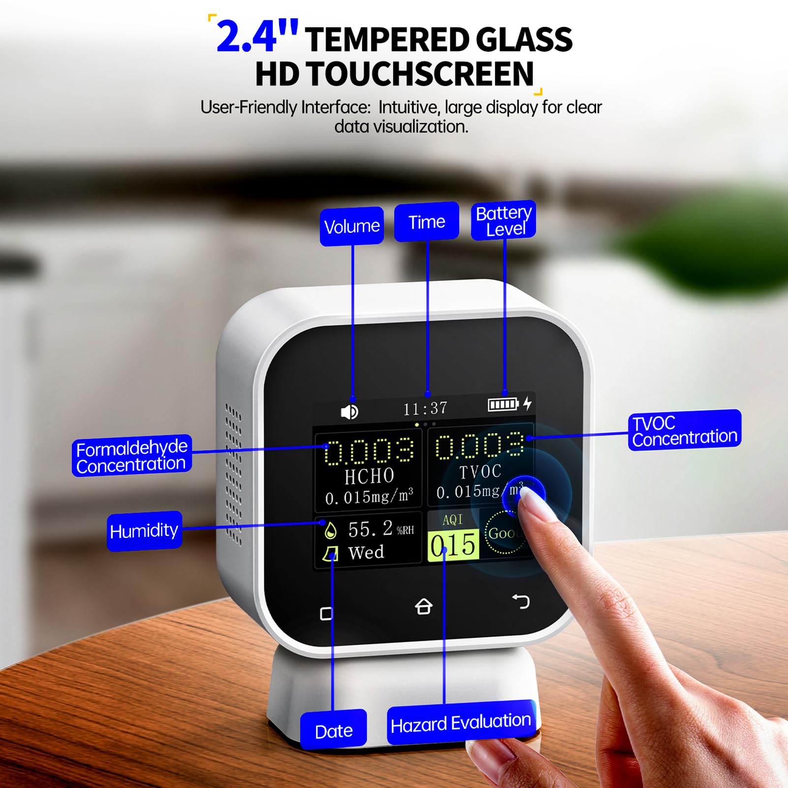 Medidor calidad aire formaldehído 5 en 1 air quality monitor Medición simultánea de HCHO y TVOC, la humedad del aire y la evaluación de riesgos, pantalla táctil 2,4", alerta automática.