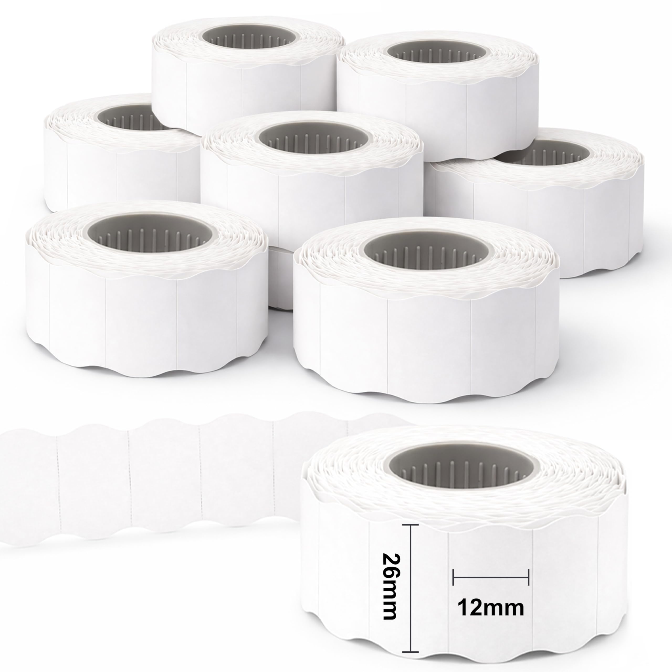 DOREE 10 rollos etiquetas permanentes blancas 26×12 mm, borde ondulado, 1400 uds/rollo. Compatible con etiquetadoras manuales Meto, BLITZ y otras marcas