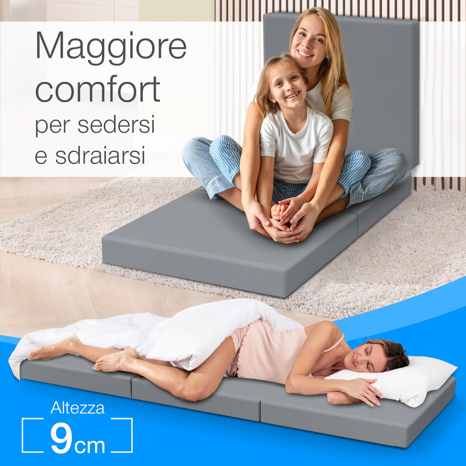 ELONEO Materasso Pieghevole 65x195 cm, Altezza 9 cm, Materasso Pieghevole per Bambini, Materasso Supplementare Pieghevole, Materasso da Viaggio per Bambini e Adulti, Ideale per Viaggi e Campeggio