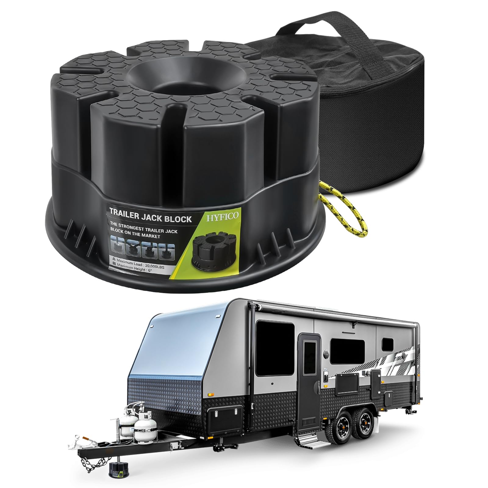 Trailer Jack Blocks - RV Leveling Block for Travel Trailers Wheels and Any Jack, 20,000 lbs RV Jack Blocks with Bag, Camper Jack Block Universal Compatibility & Convenient Storage 1 Pack