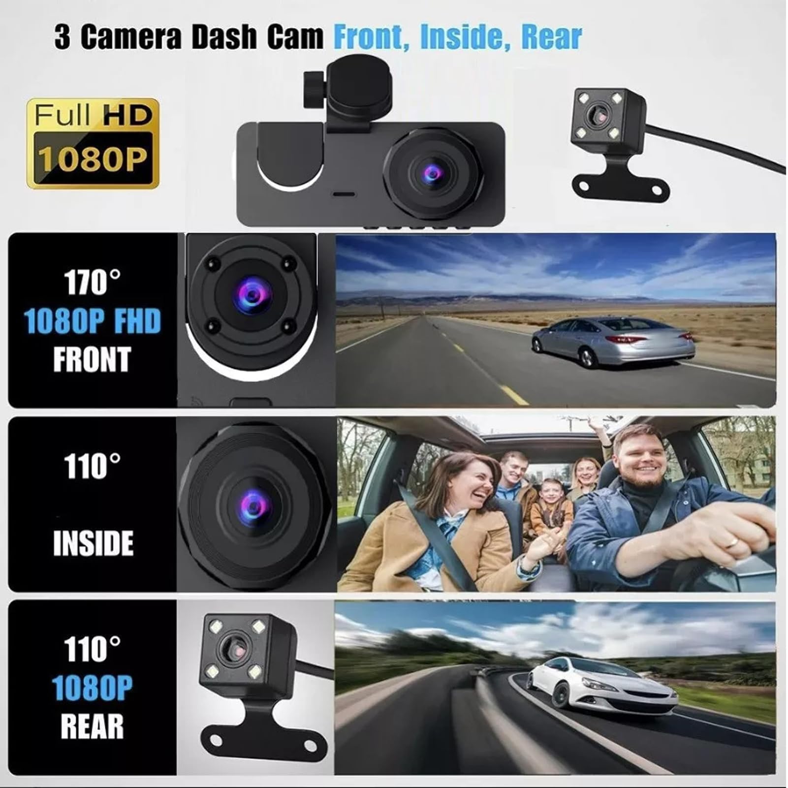 Dash Cam a 3 1080P Anteriore e Posteriore Interna con Grandangolo | Custodia in ABS, Schermo IPS da 2,0 Pollici, Batteria da 320 MAh, Supporta la Registrazione con Avvio Automatico da 32 GB